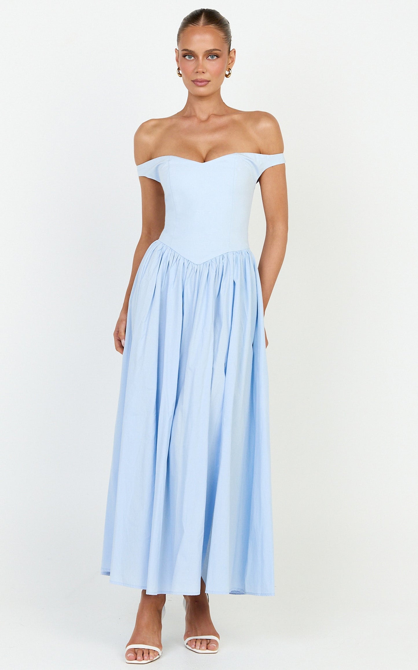 Lacey Midi Dress - Off Shoulder Gathered Waist Dress in Blue