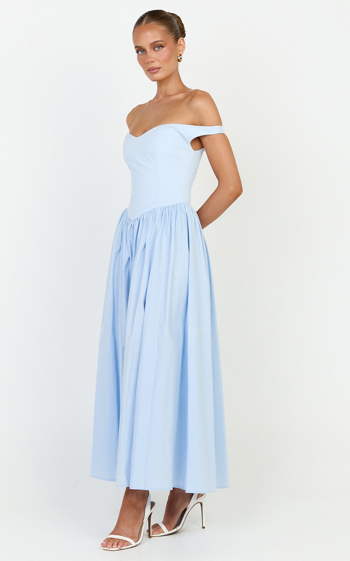Lacey Midi Dress - Off Shoulder Gathered Waist Dress in Blue