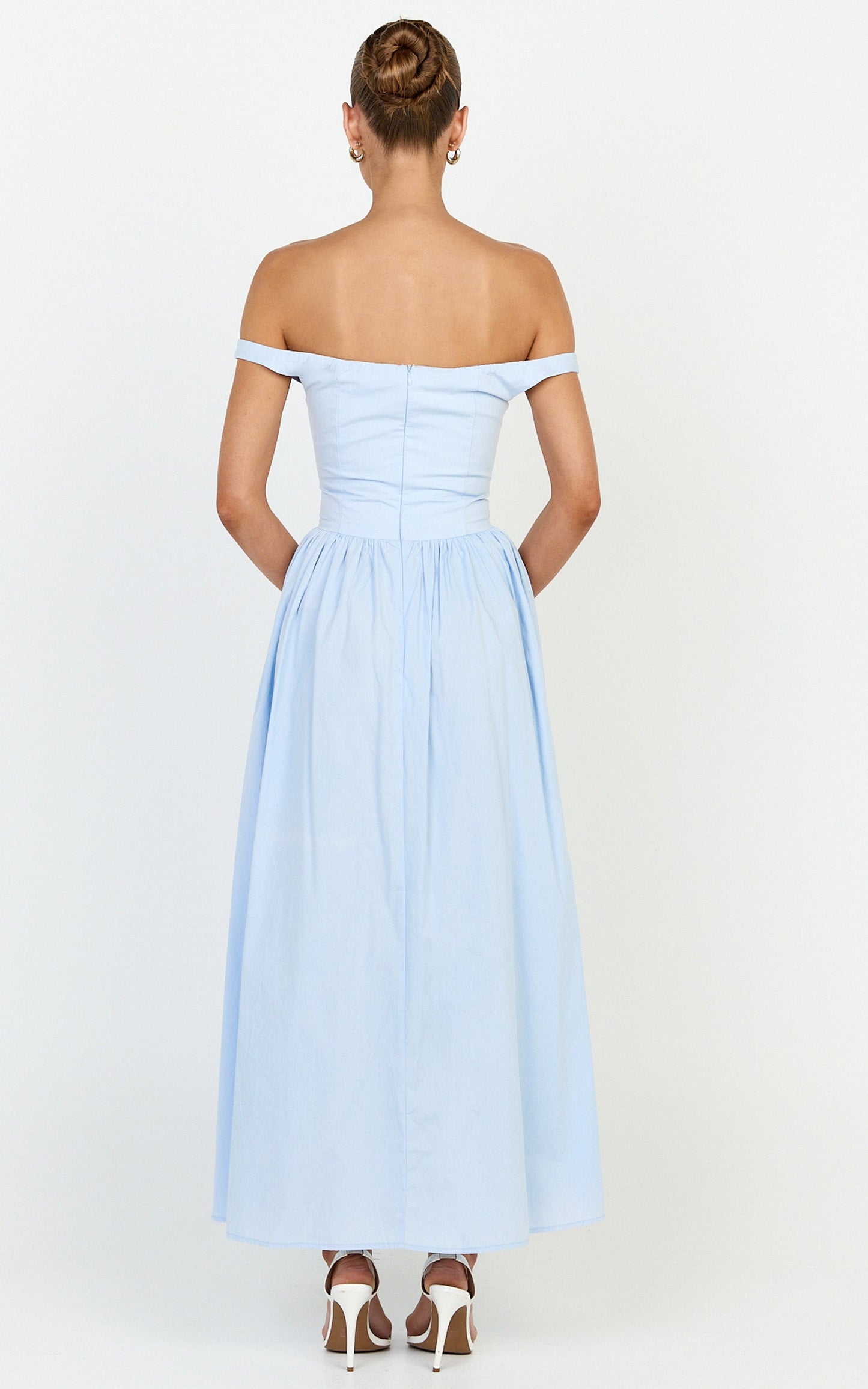 Lacey Midi Dress - Off Shoulder Gathered Waist Dress in Blue