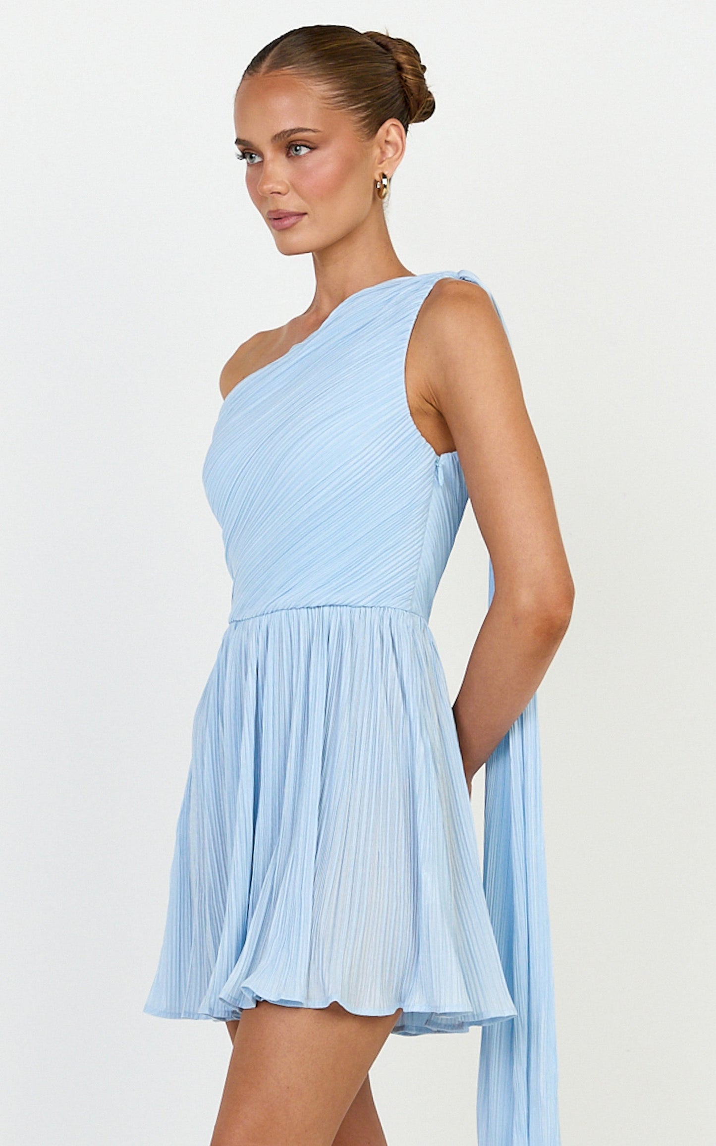 Missy Mini Dress - Plisse One Shoulder Sash Detail Dress in Light Blue