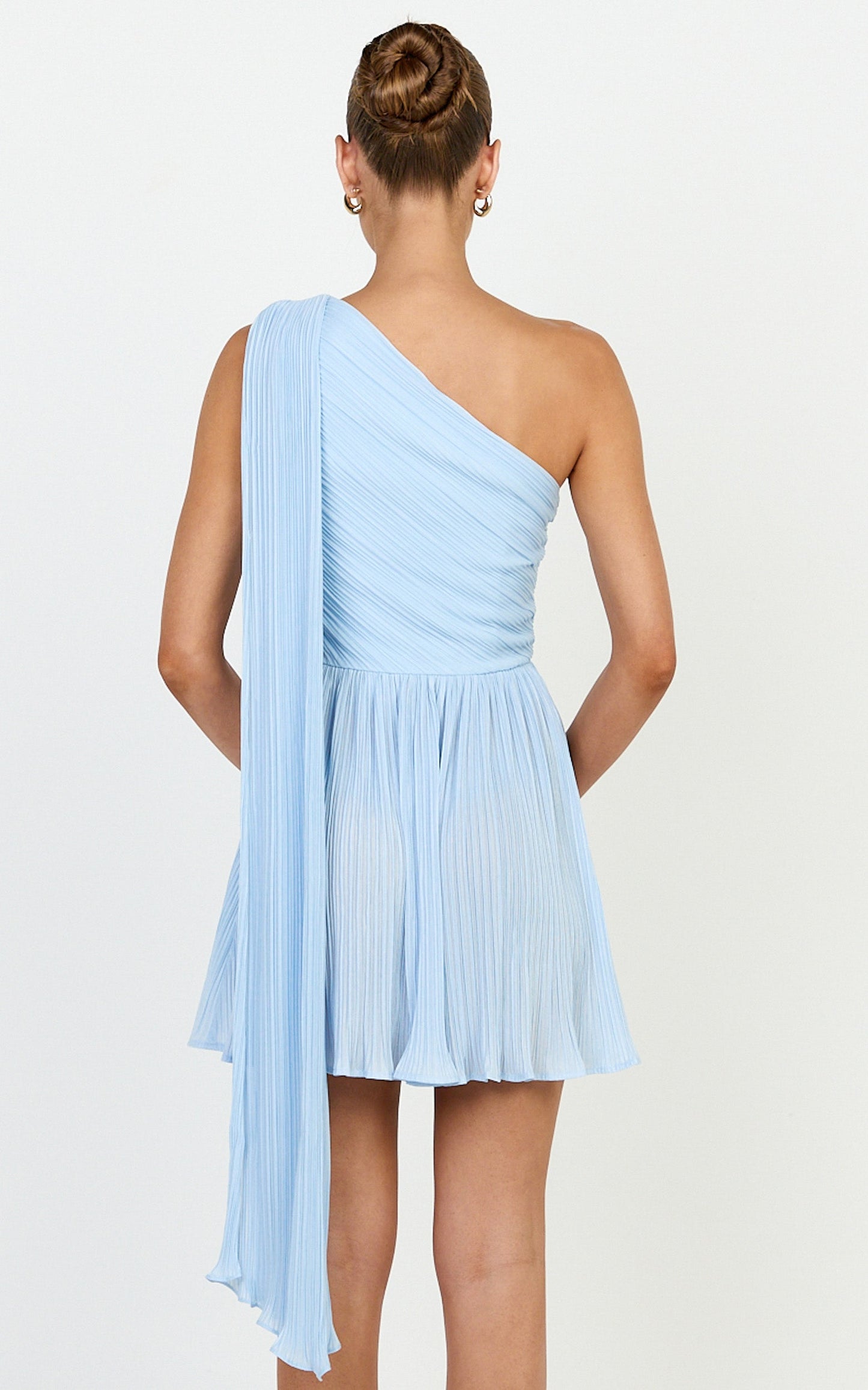 Missy Mini Dress - Plisse One Shoulder Sash Detail Dress in Light Blue