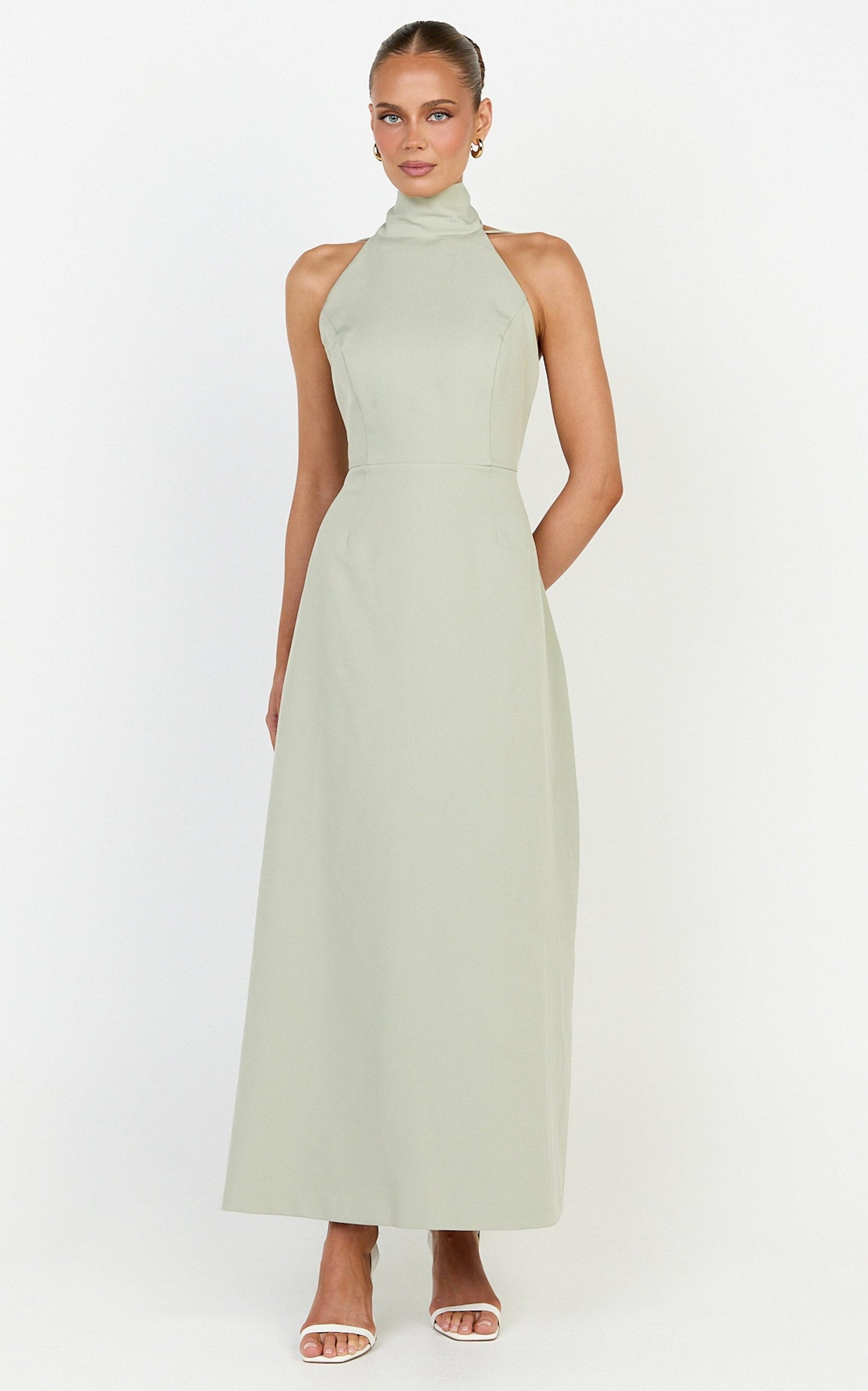 Renee Midi Dress - High Halter Sash Neck Tulip Skirt Dress in Sage