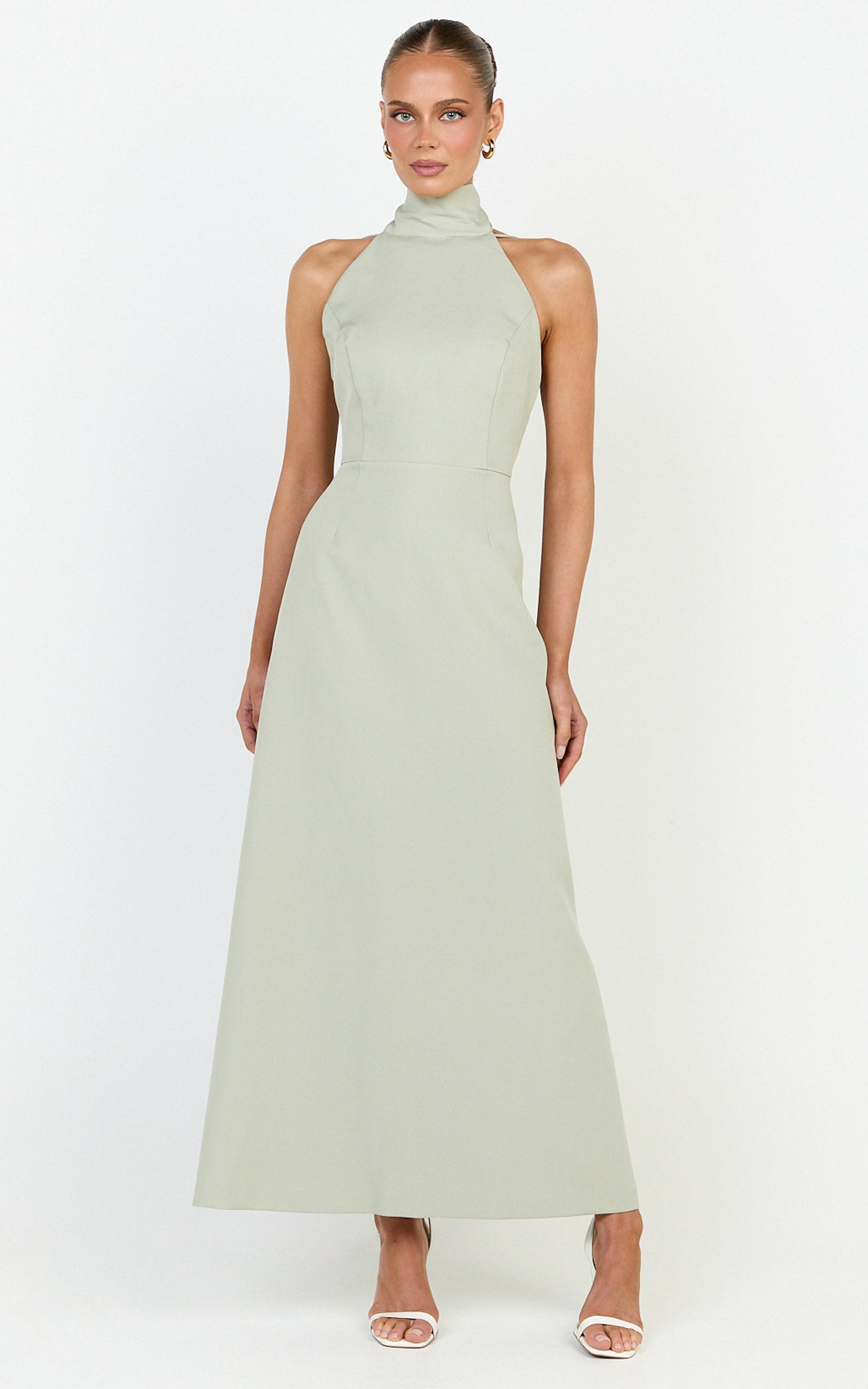 Renee Midi Dress - High Halter Sash Neck Tulip Skirt Dress in Sage