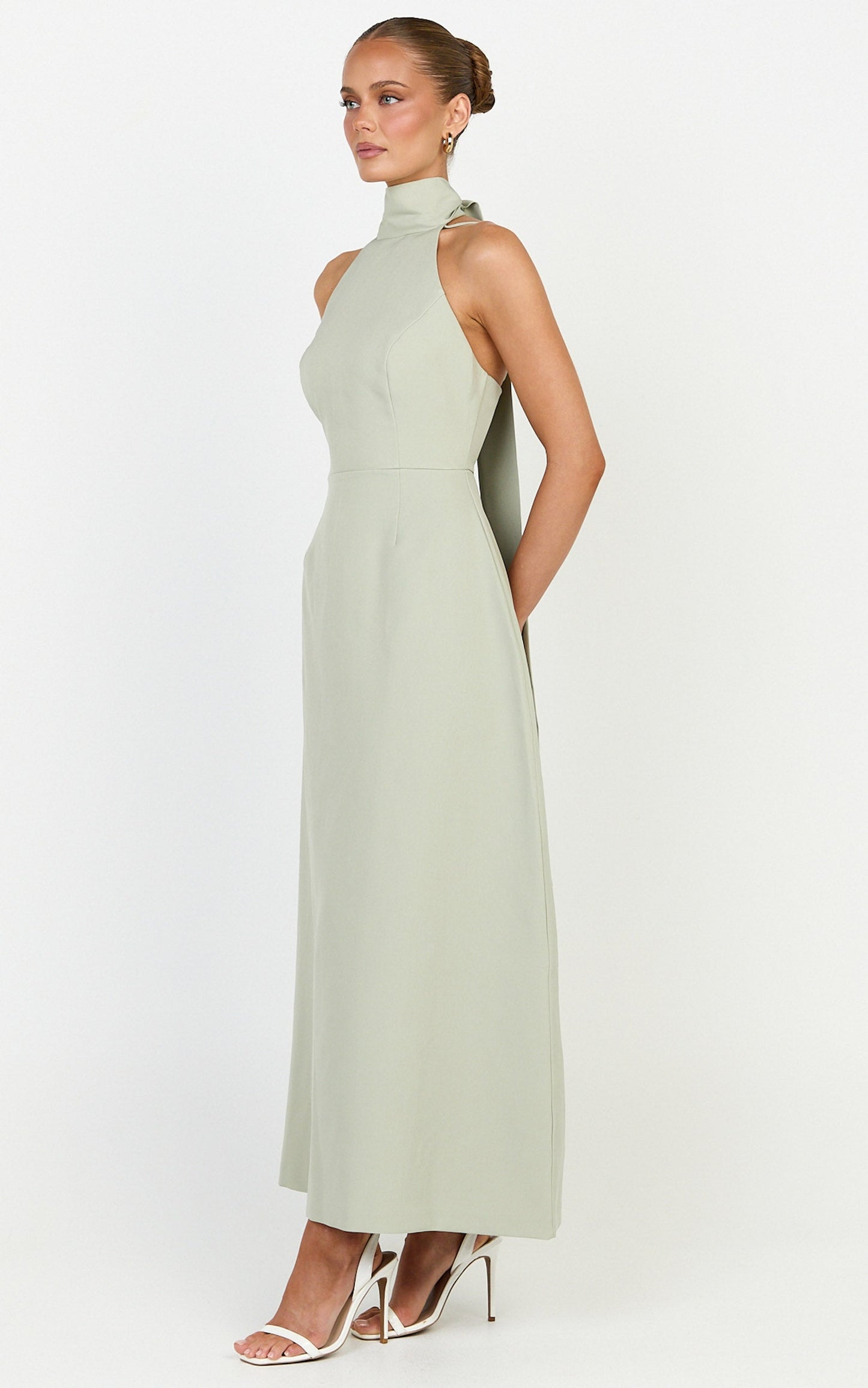 Renee Midi Dress - High Halter Sash Neck Tulip Skirt Dress in Sage
