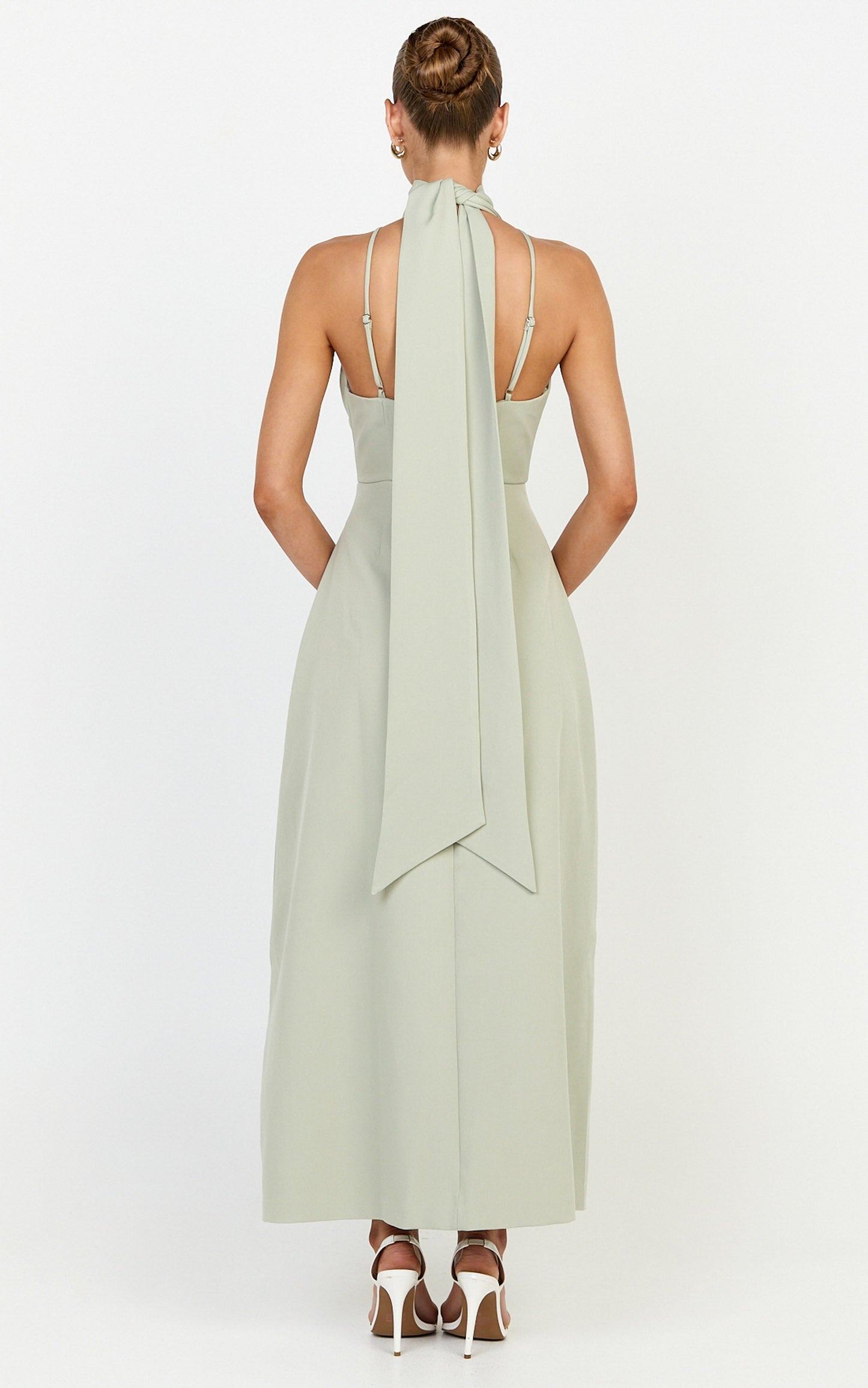 Renee Midi Dress - High Halter Sash Neck Tulip Skirt Dress in Sage
