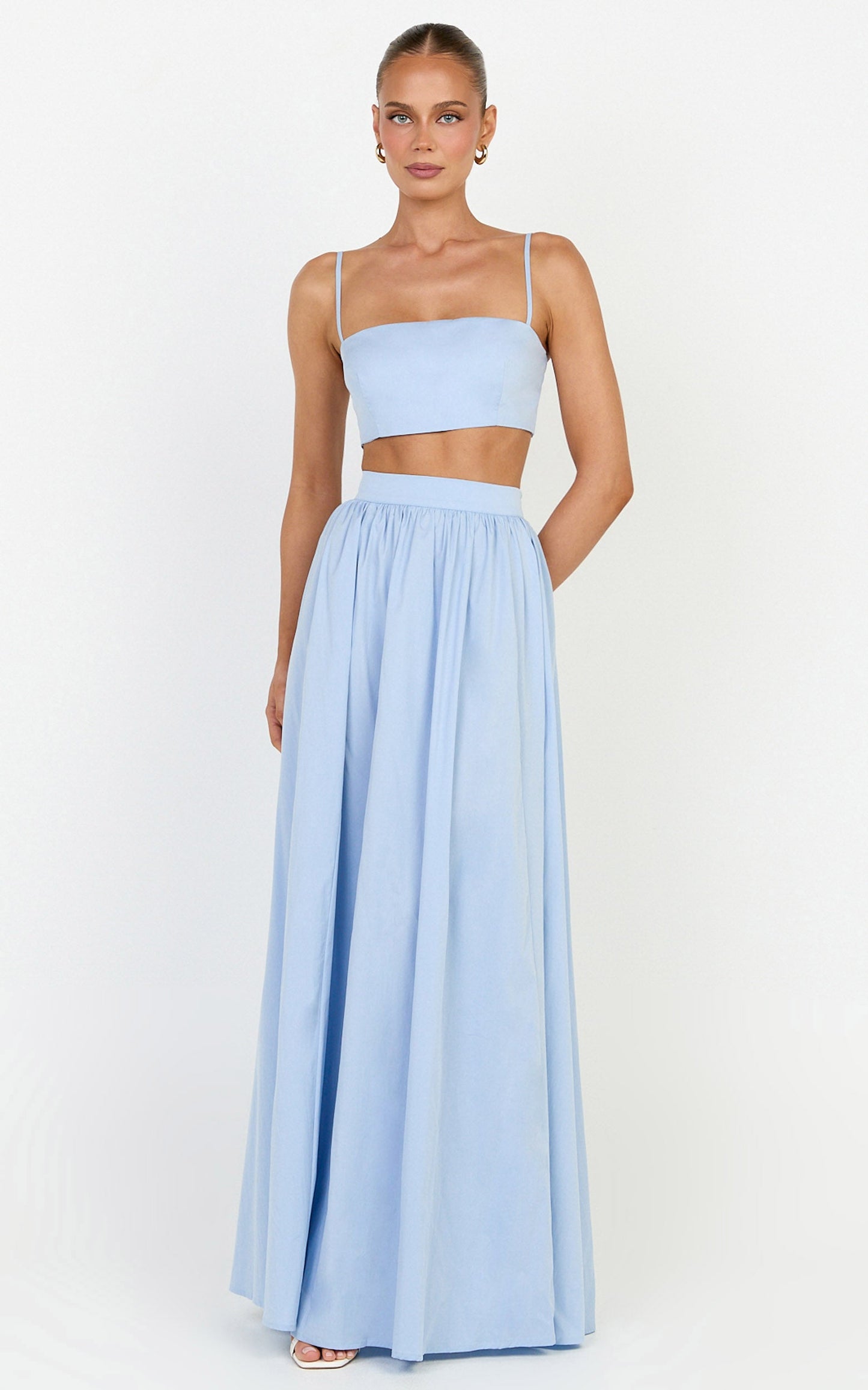 Tegan Two Piece Set - Straight Neck Micro Crop Top and A Line Maxi Skirt Set in Blue