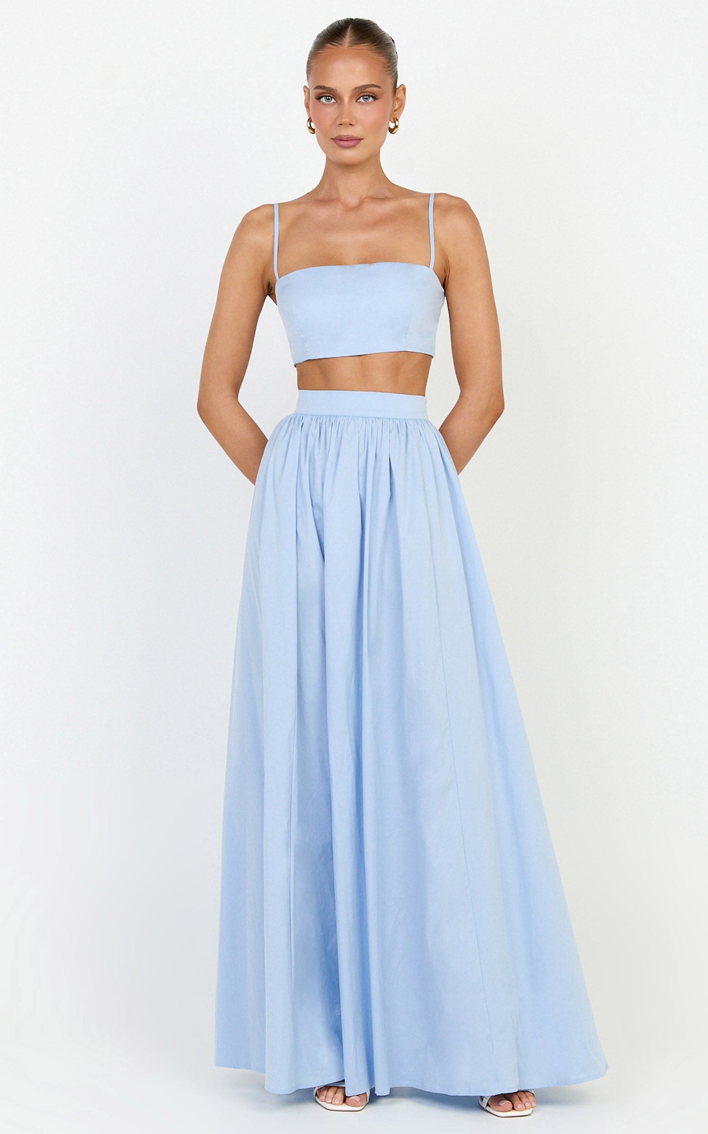 Tegan Two Piece Set - Straight Neck Micro Crop Top and A Line Maxi Skirt Set in Blue