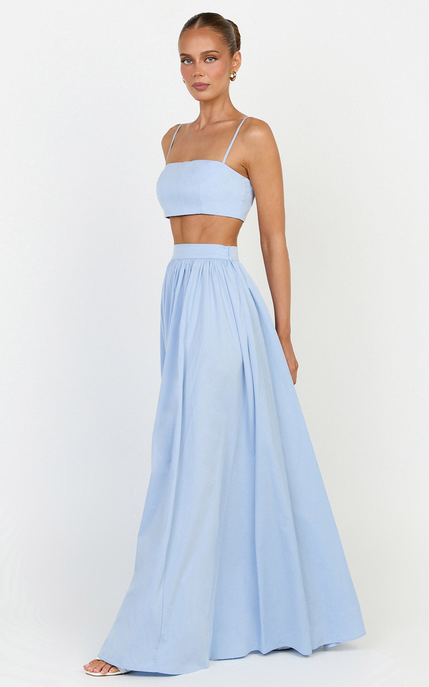 Tegan Two Piece Set - Straight Neck Micro Crop Top and A Line Maxi Skirt Set in Blue