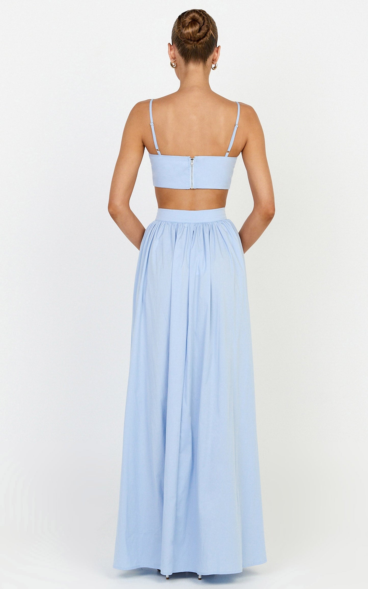 Tegan Two Piece Set - Straight Neck Micro Crop Top and A Line Maxi Skirt Set in Blue