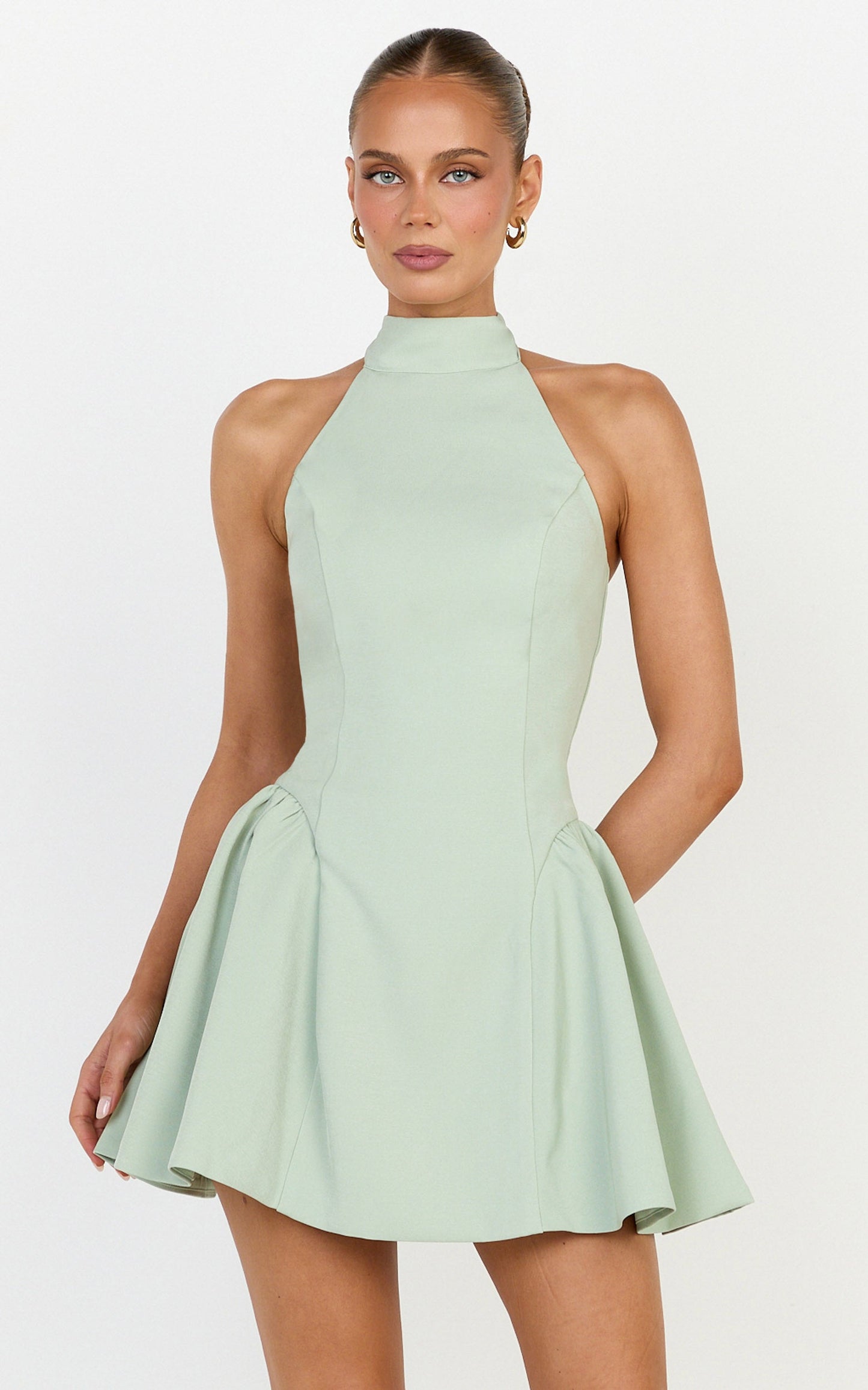 Violet Mini Dress - Halterneck A Line Dress in Sage