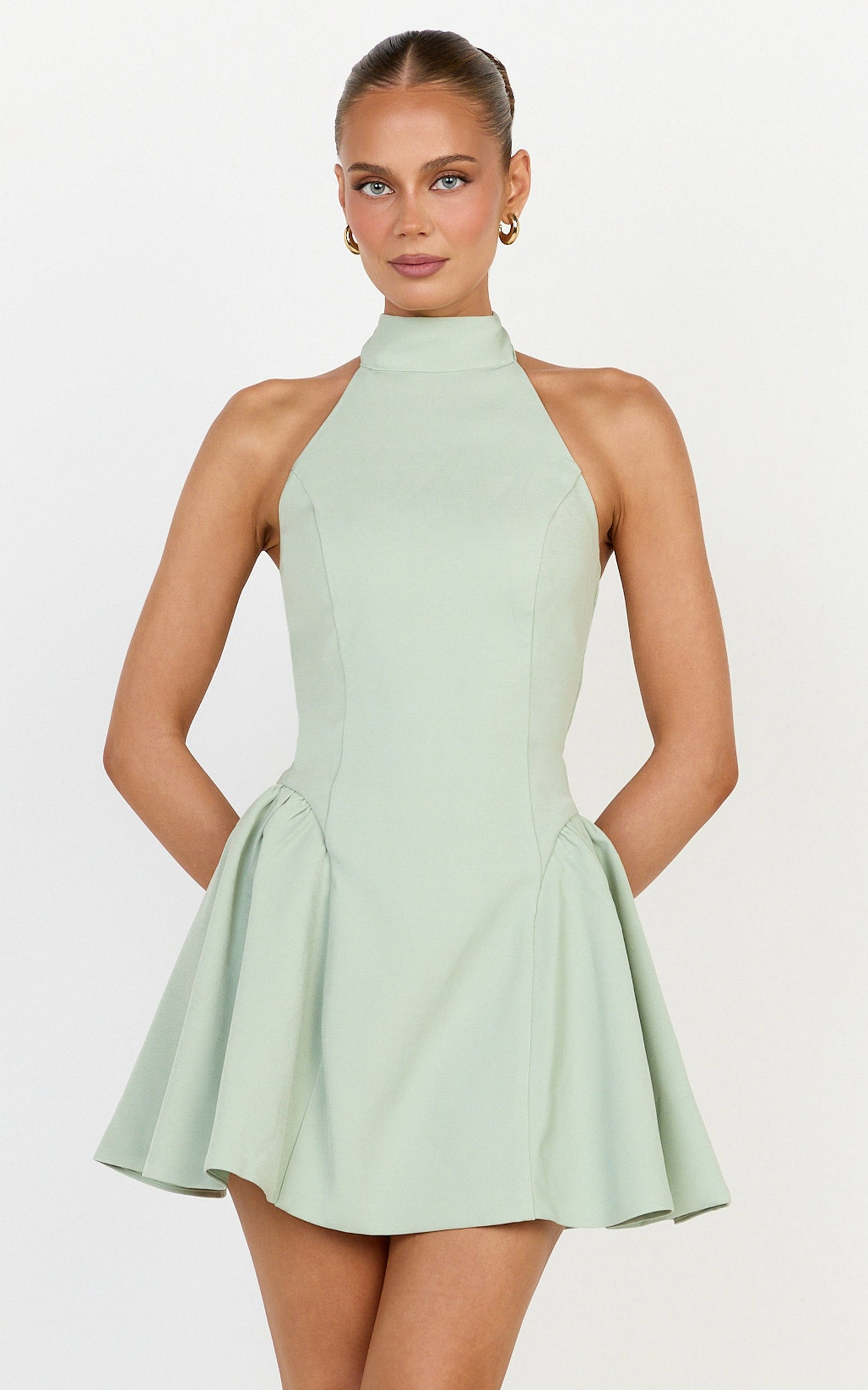 Violet Mini Dress - Halterneck A Line Dress in Sage