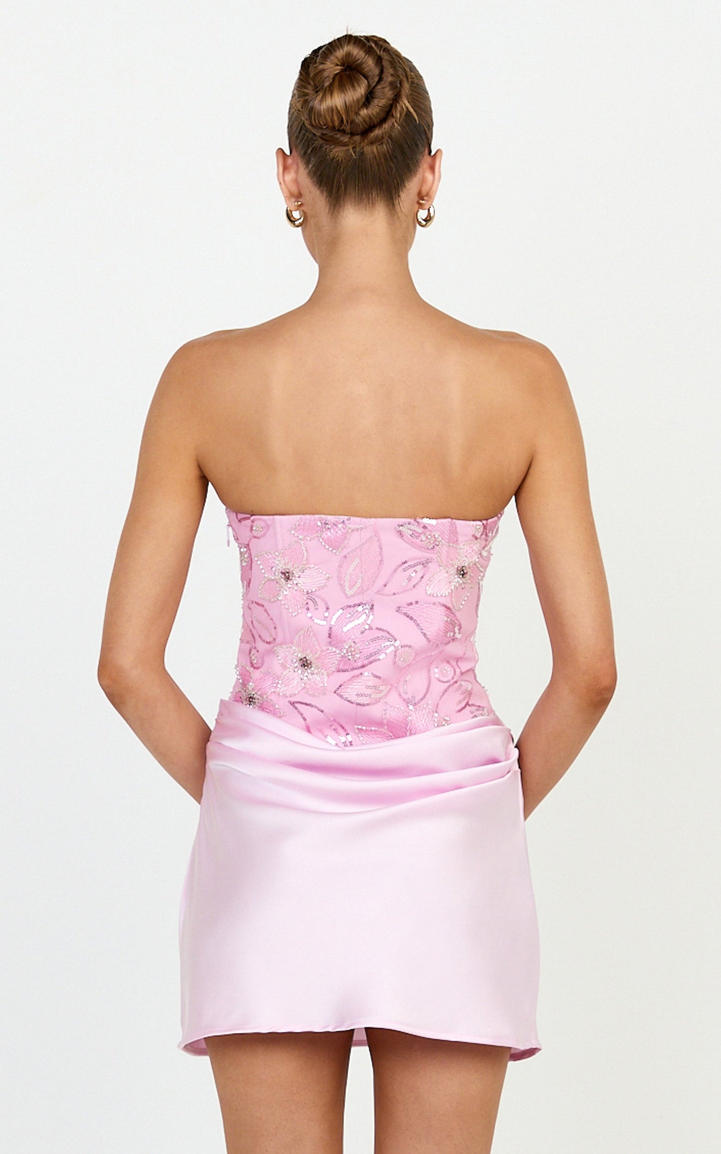 Amie Mini Dress - Strapless Sequin Bodice Dress With Draped Satin Skirt in Pink