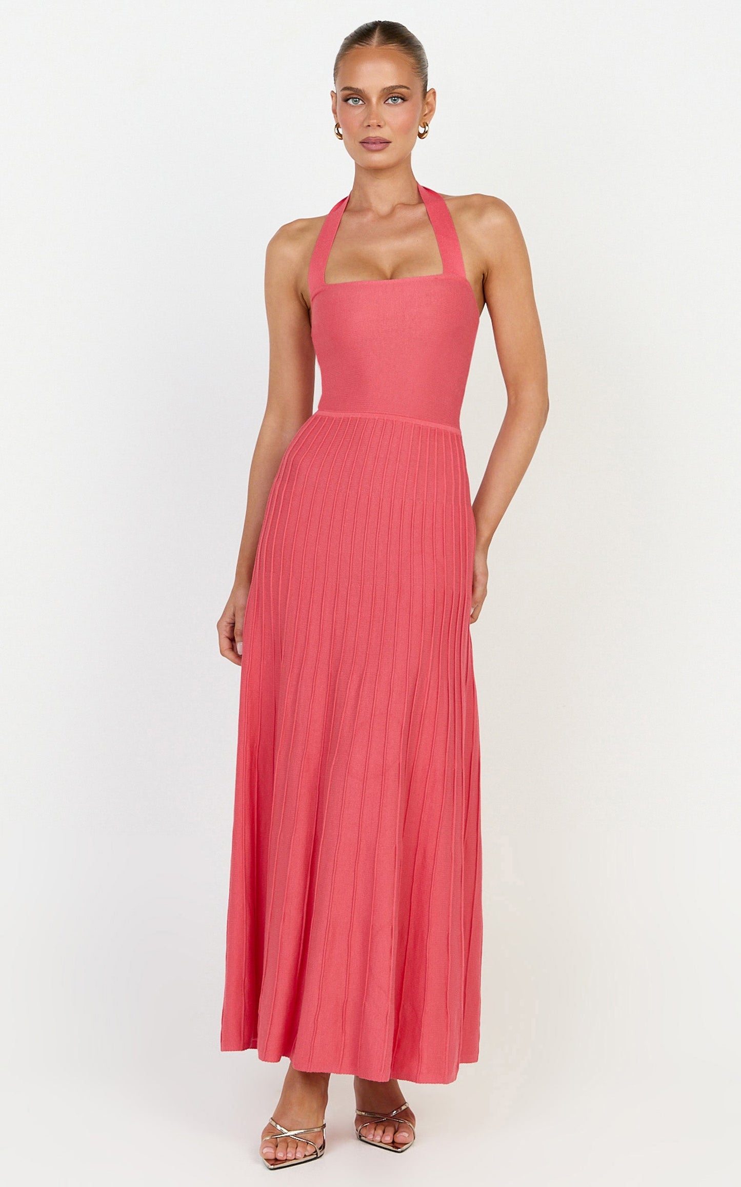 Candace Midi Dress - Halter Neck Ribbed Knit Dress in Grapefruit