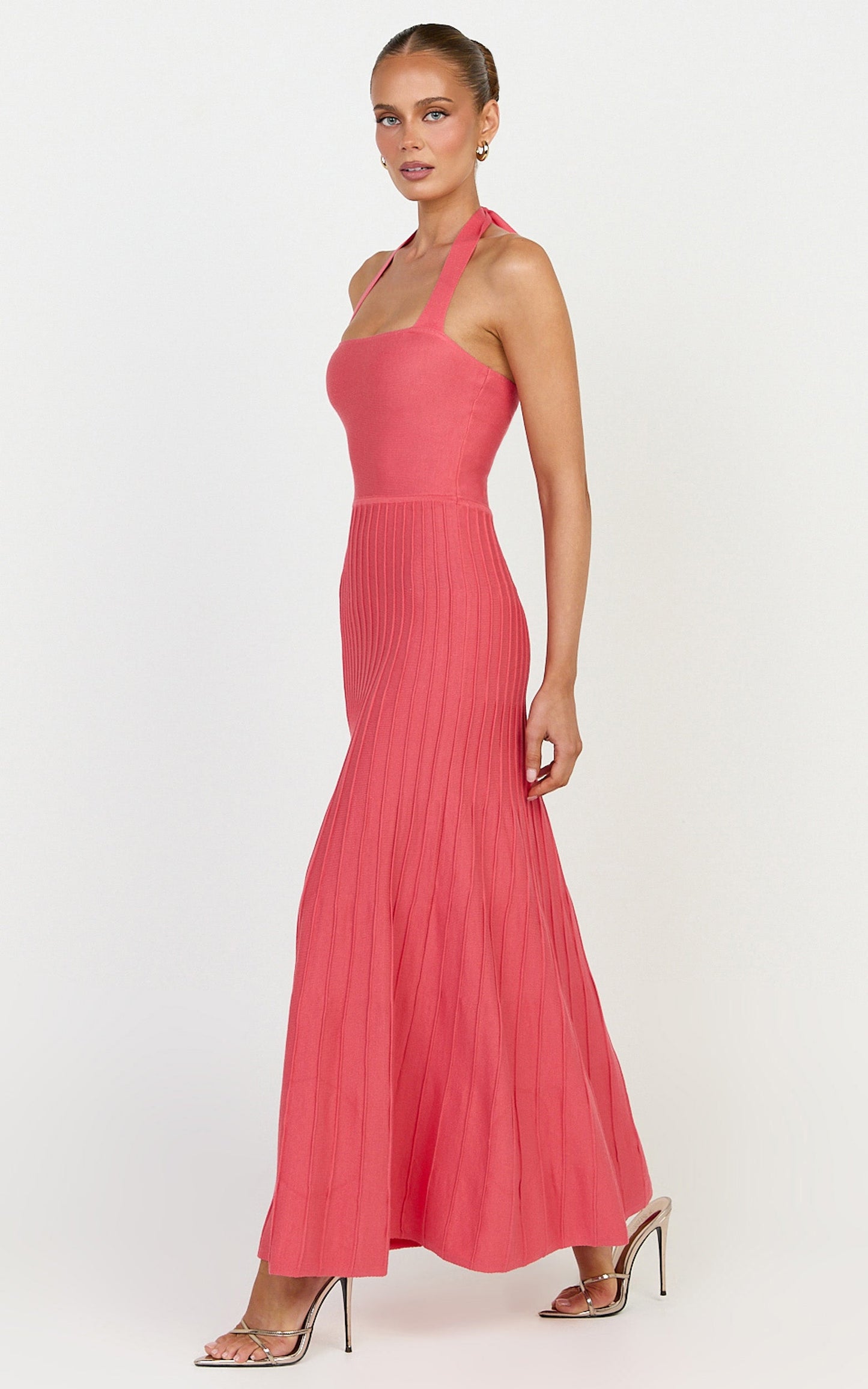 Candace Midi Dress - Halter Neck Ribbed Knit Dress in Grapefruit