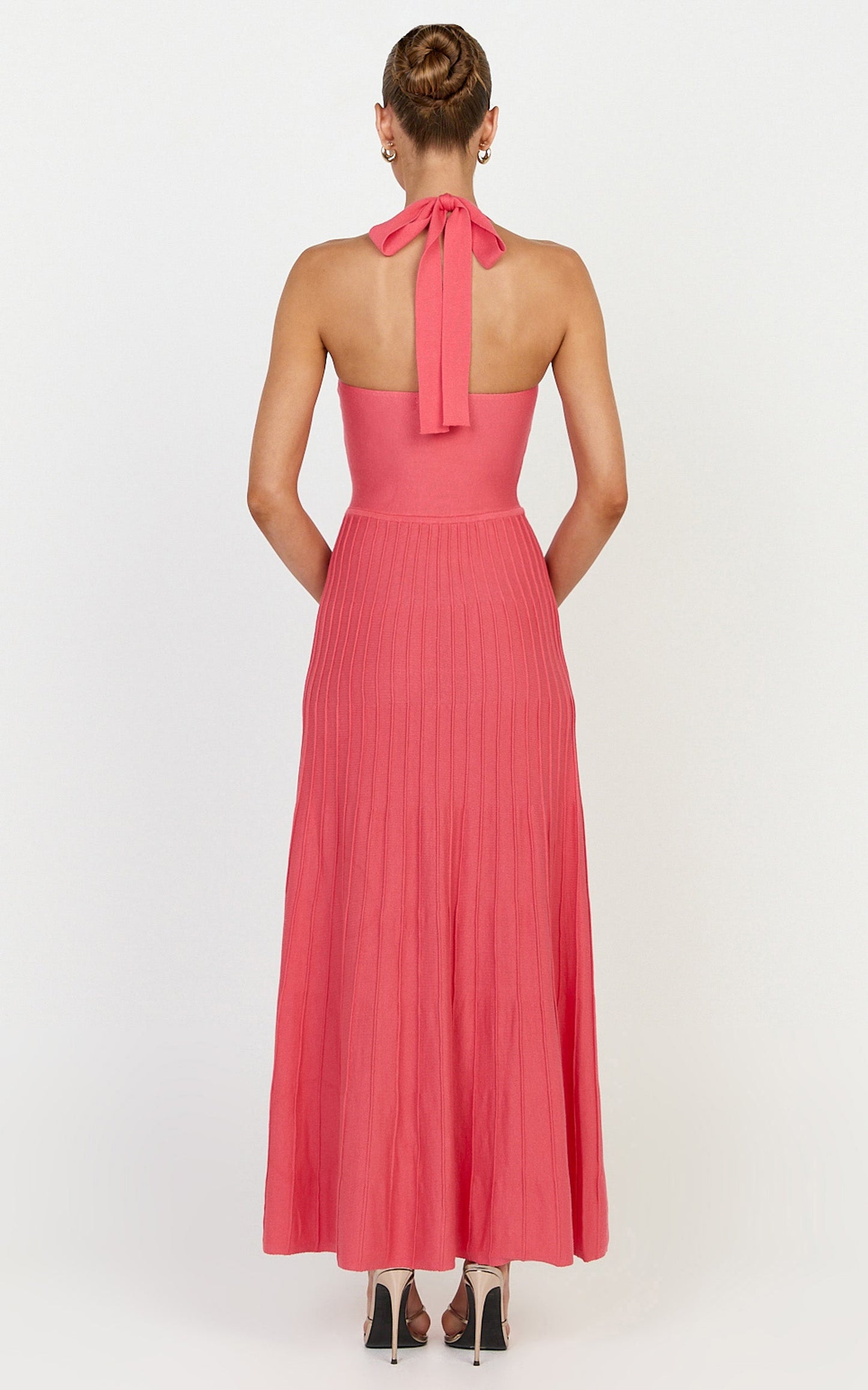 Candace Midi Dress - Halter Neck Ribbed Knit Dress in Grapefruit