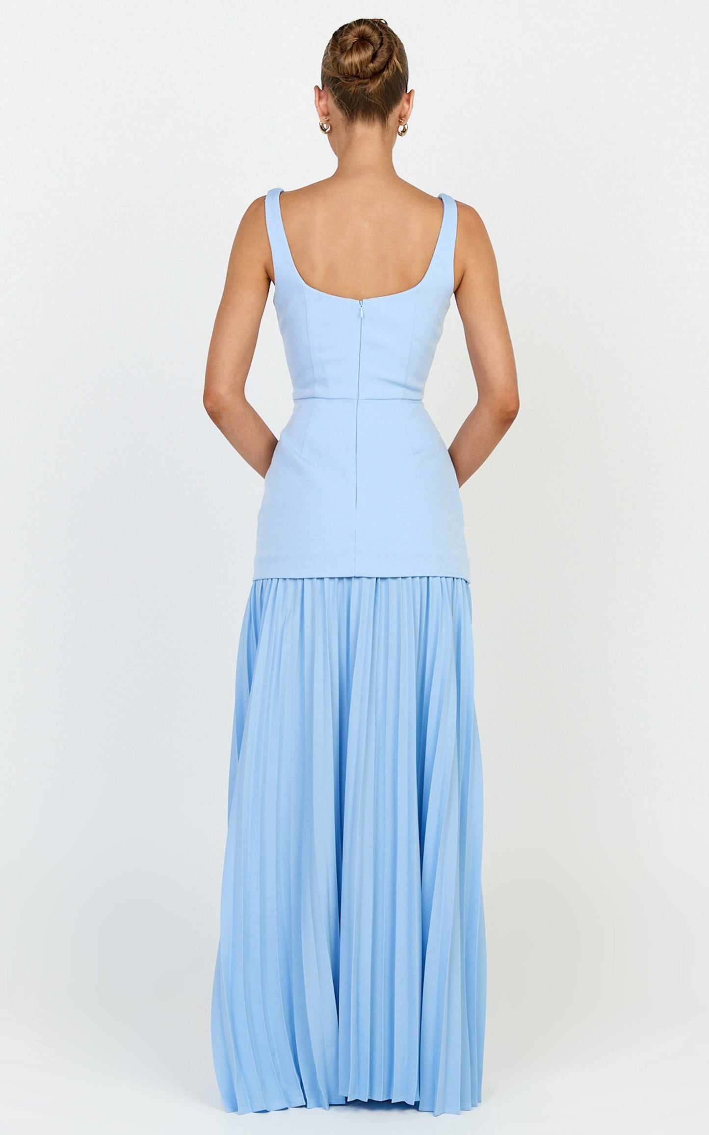 Sol Maxi Dress - Scooped Neck Contrast Pleated Dress in Light Blue