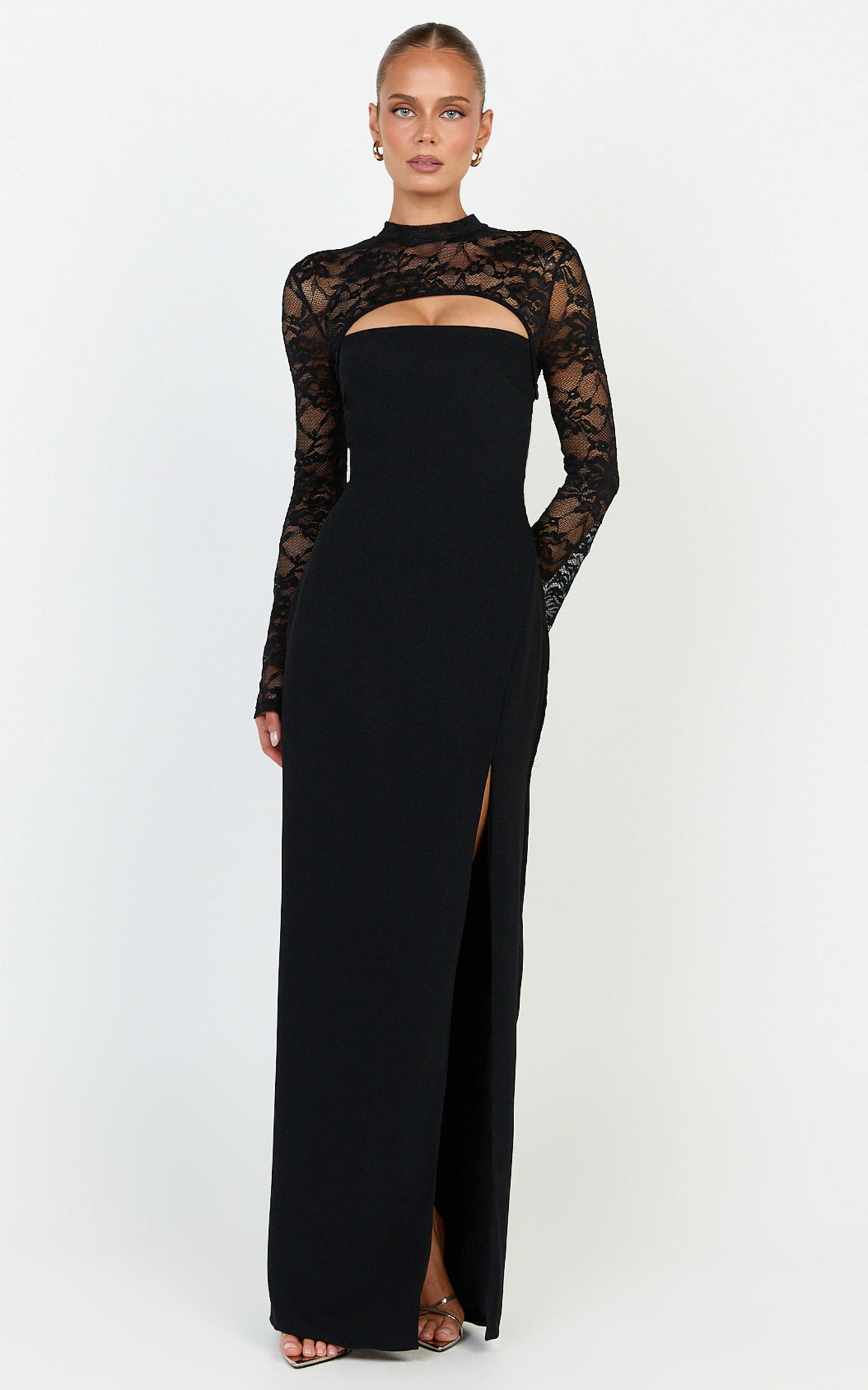 Sia Maxi Dress - Cut Out Lace Contrast Split Leg Dress in Black