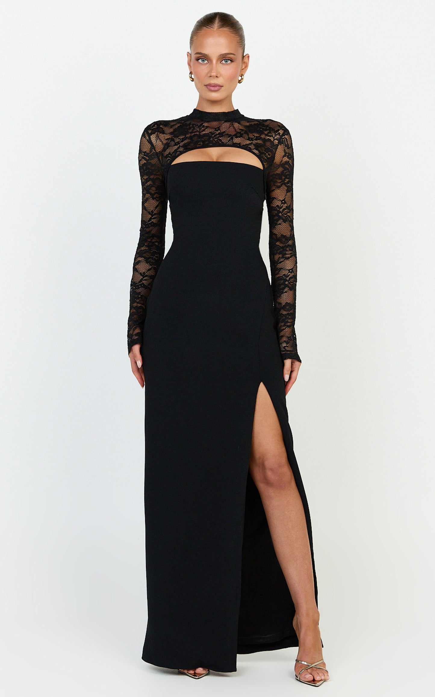 Sia Maxi Dress - Cut Out Lace Contrast Split Leg Dress in Black
