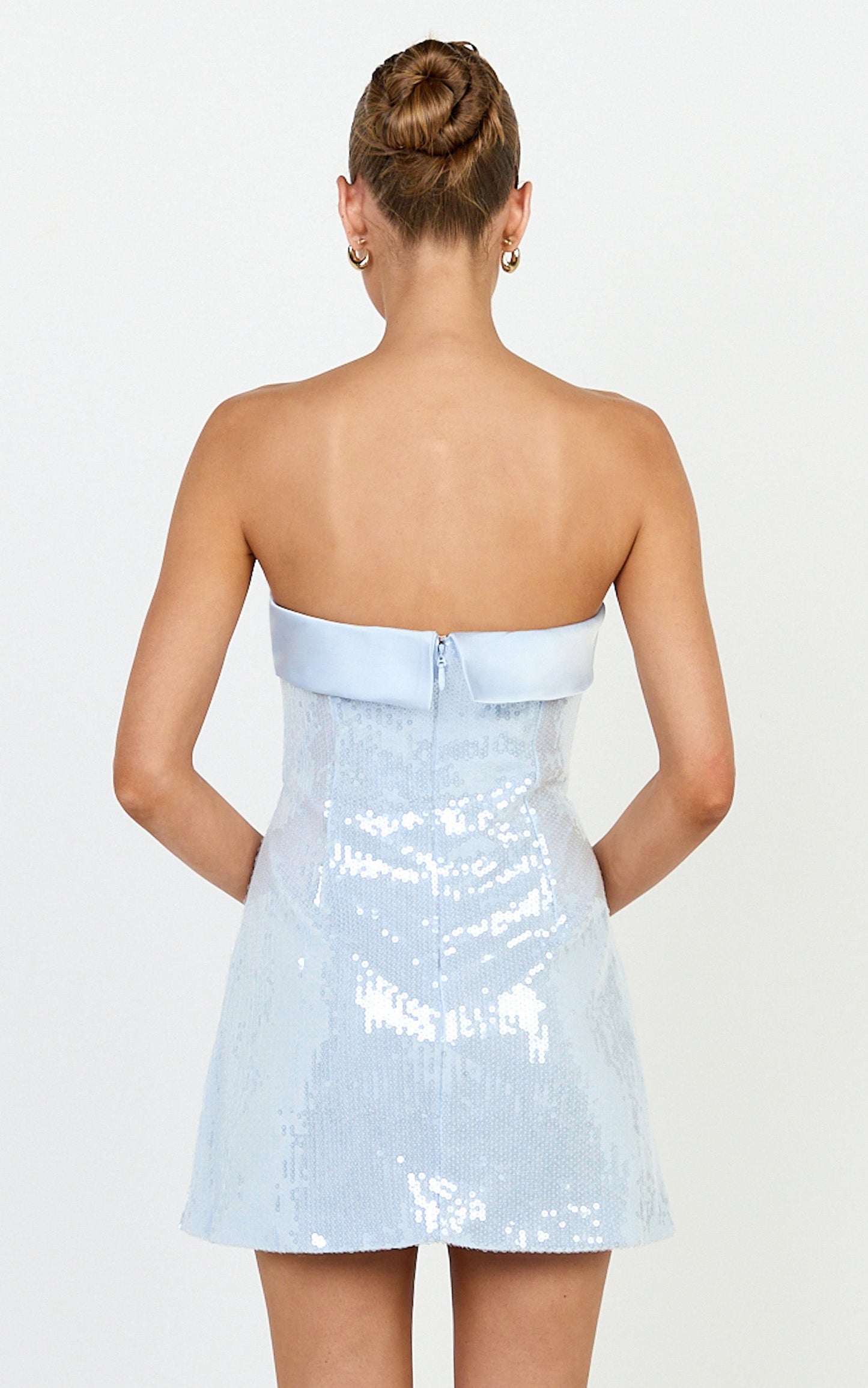 Orae Mini Dress - Strapless Sequin Dress With Contrast Satin Bust Overlay in Blue