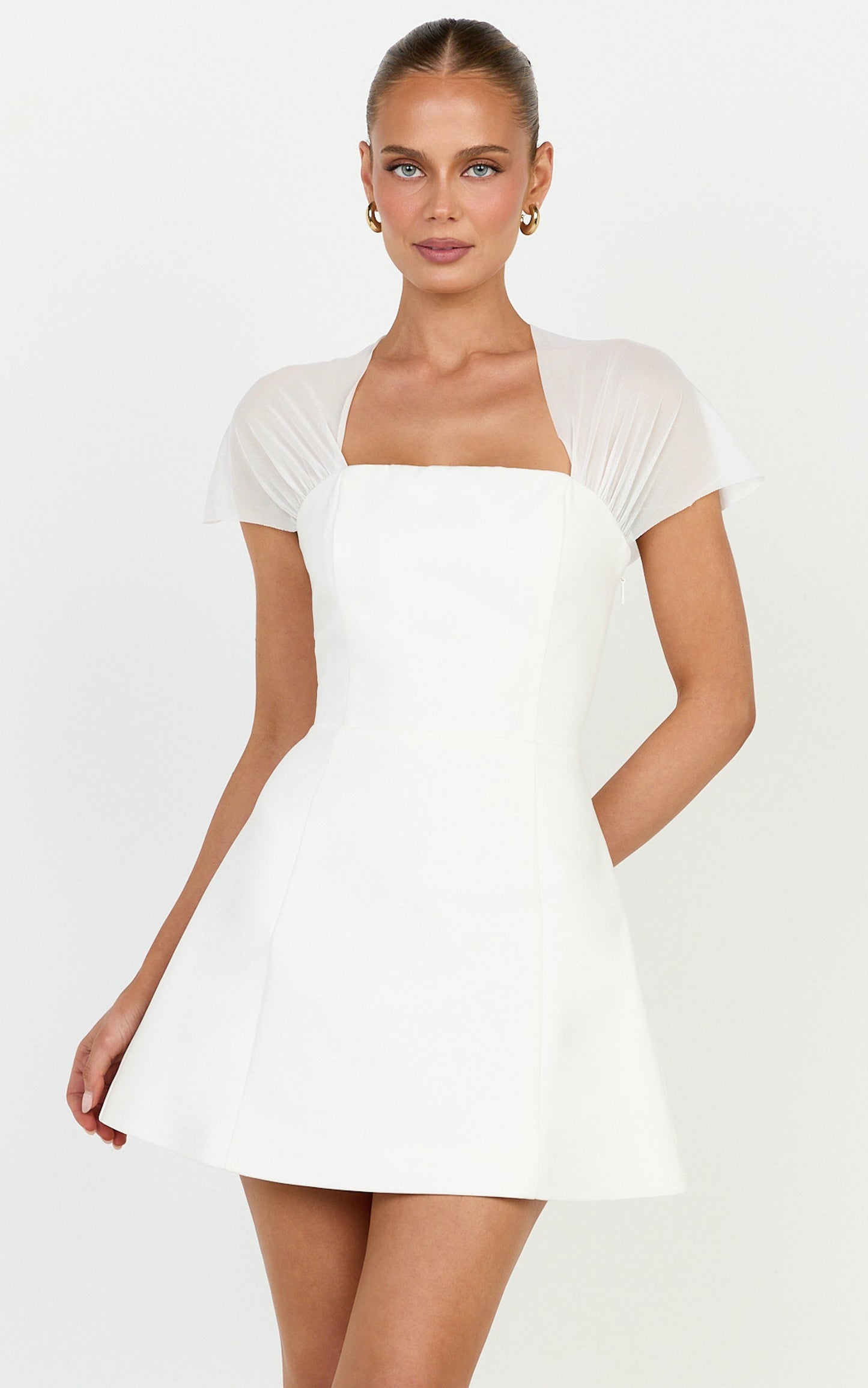 Neve Mini Dress - Sheer Short Sleeve Square Neck Tulip Skirt Dress in Off White