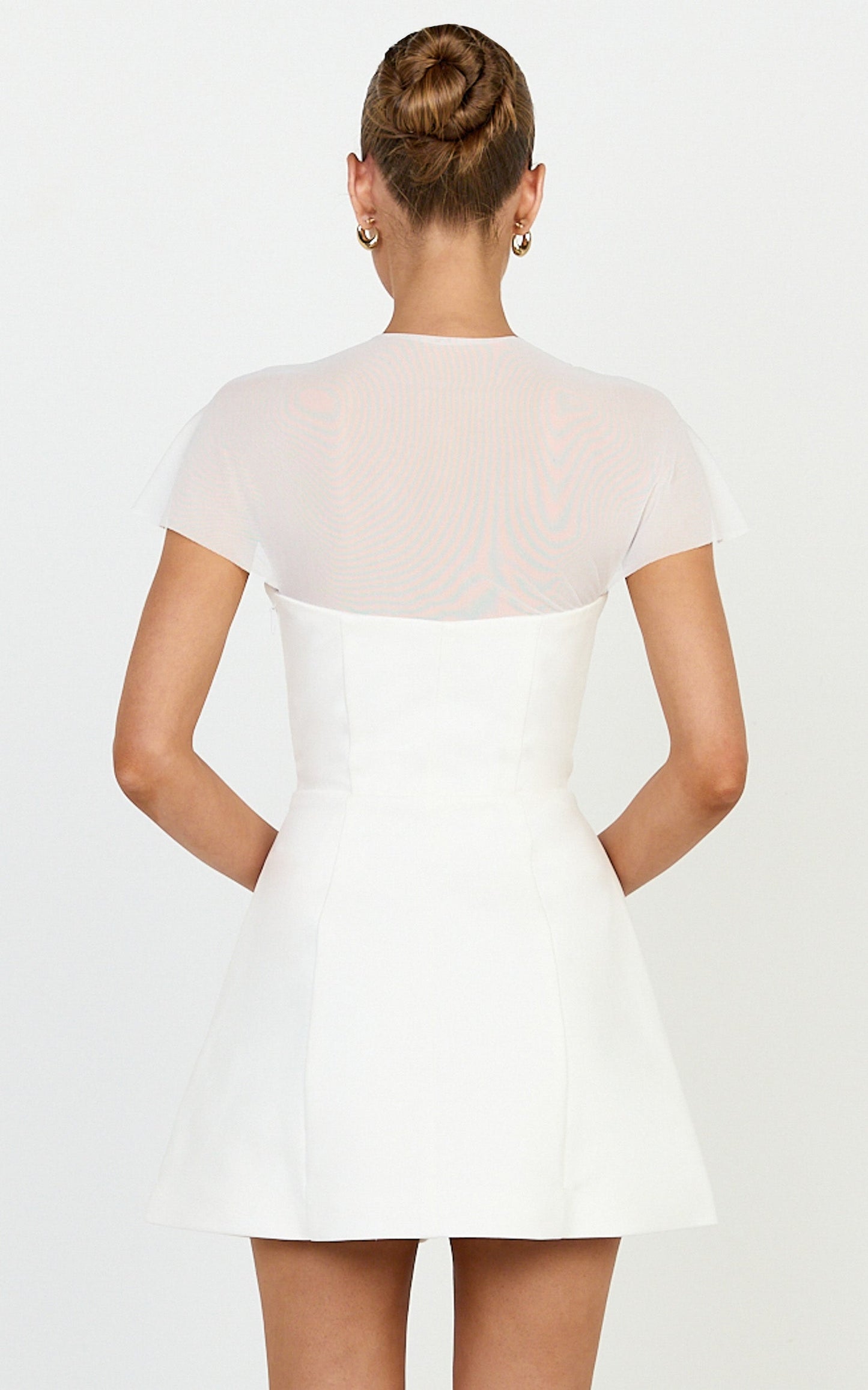 Neve Mini Dress - Sheer Short Sleeve Square Neck Tulip Skirt Dress in Off White