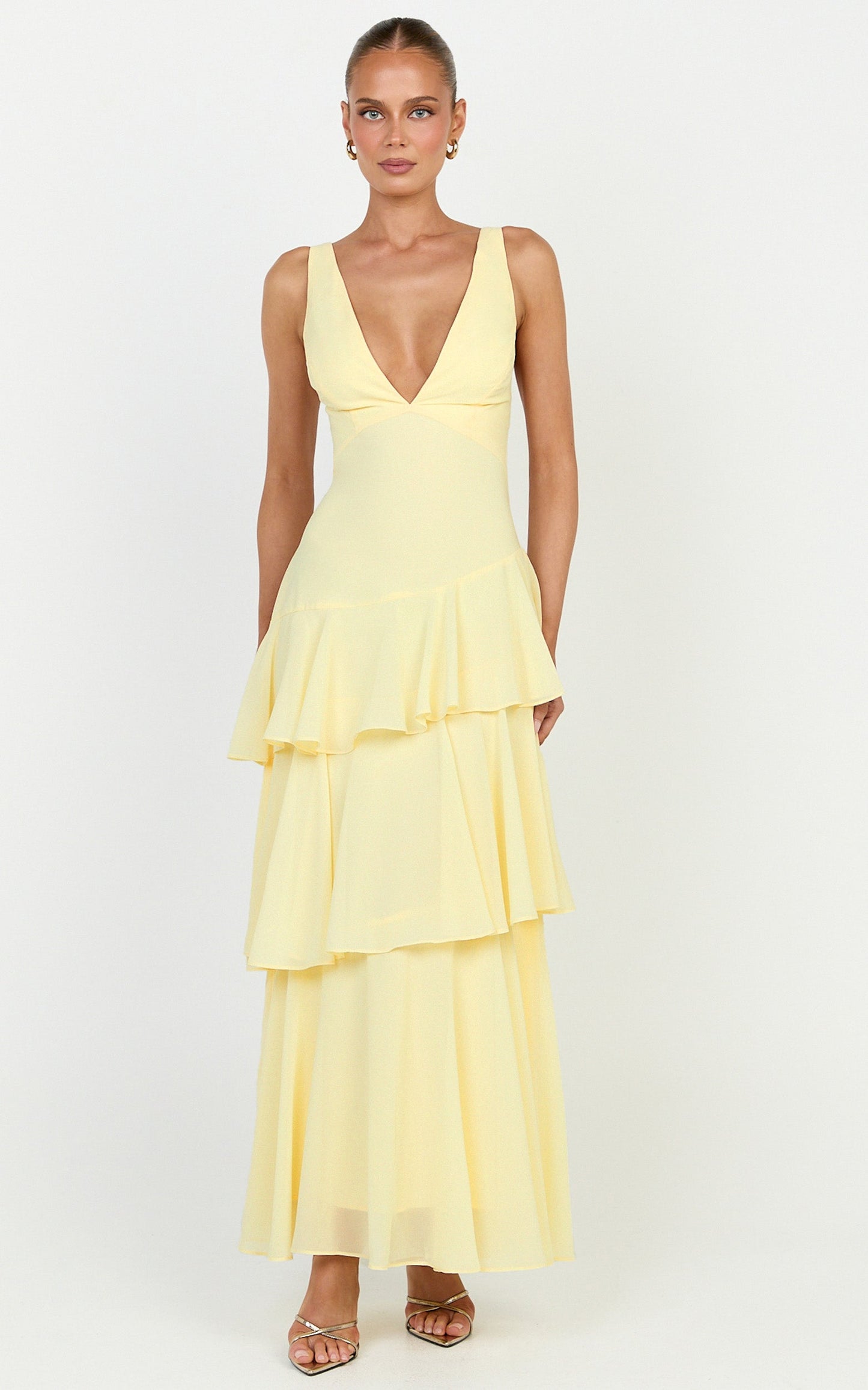 Beryl Midi Dress - Deep V Neck Sleeveless Layered Dress in Lemon