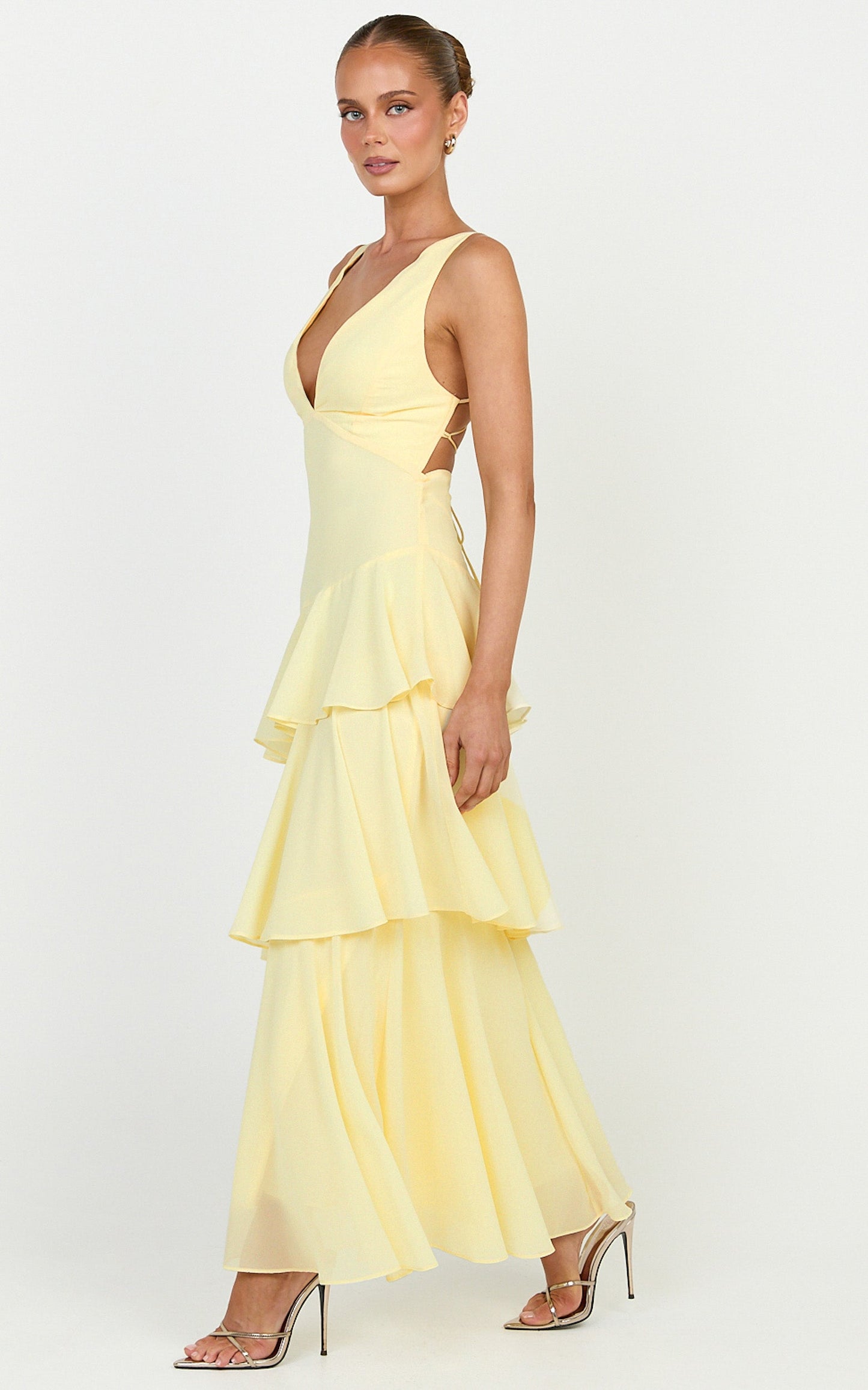 Beryl Midi Dress - Deep V Neck Sleeveless Layered Dress in Lemon