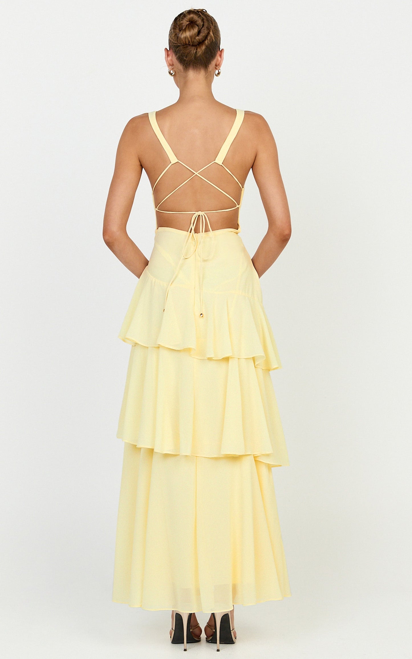Beryl Midi Dress - Deep V Neck Sleeveless Layered Dress in Lemon