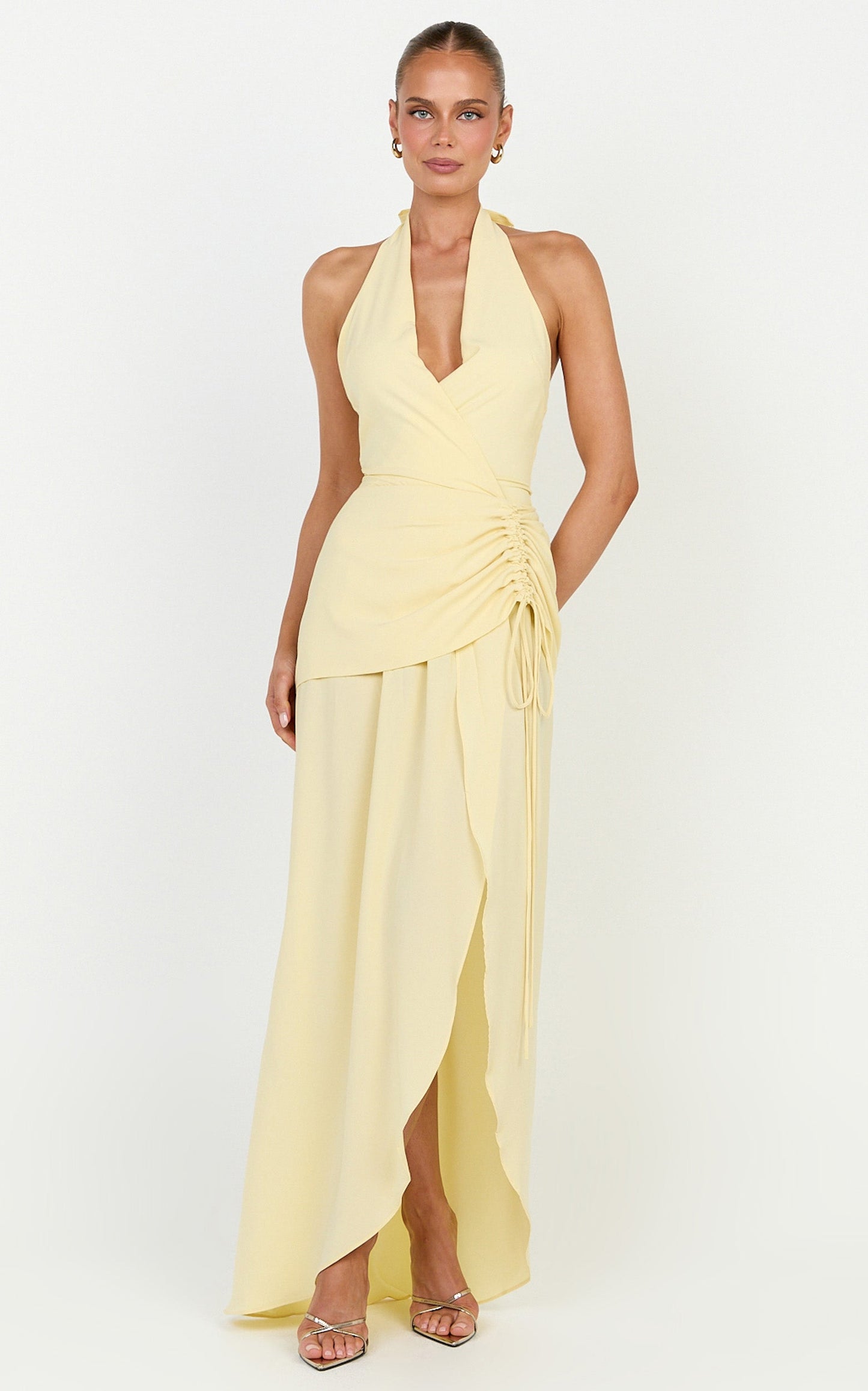 Reef Midi Dress - Plunge Halter Neck Ruched Waist Dress in Lemon