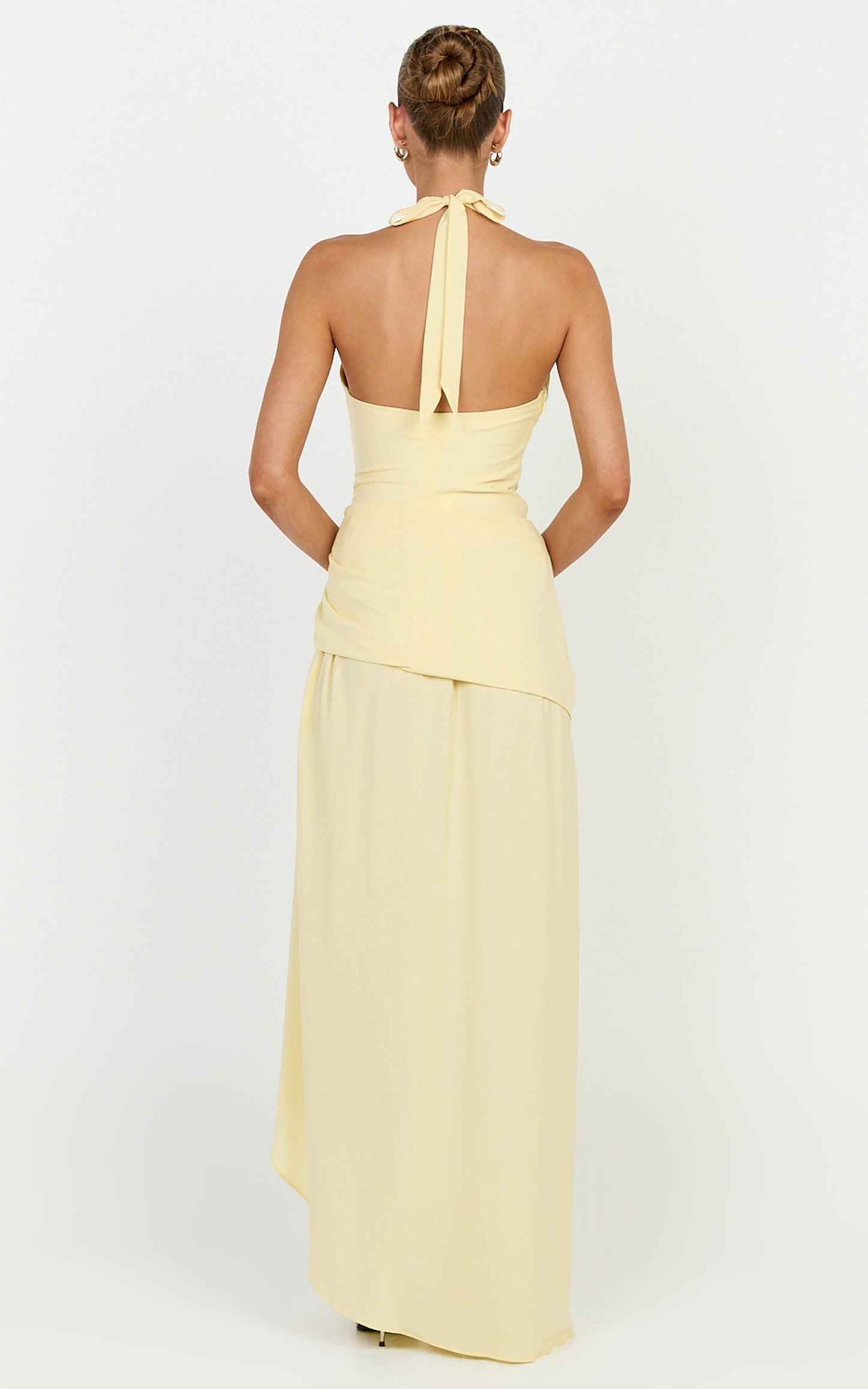 Reef Midi Dress - Plunge Halter Neck Ruched Waist Dress in Lemon