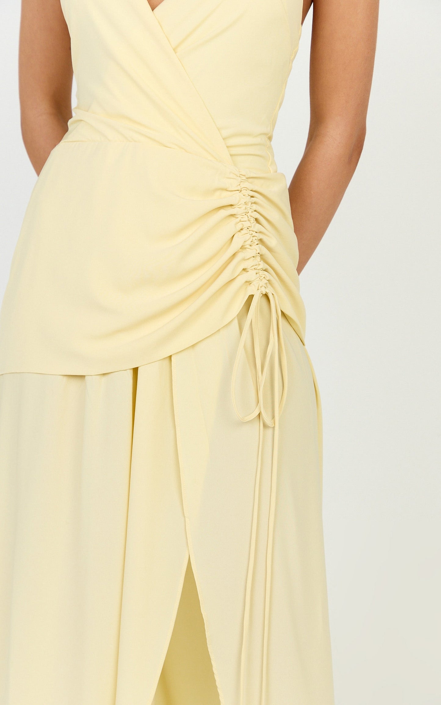 Reef Midi Dress - Plunge Halter Neck Ruched Waist Dress in Lemon