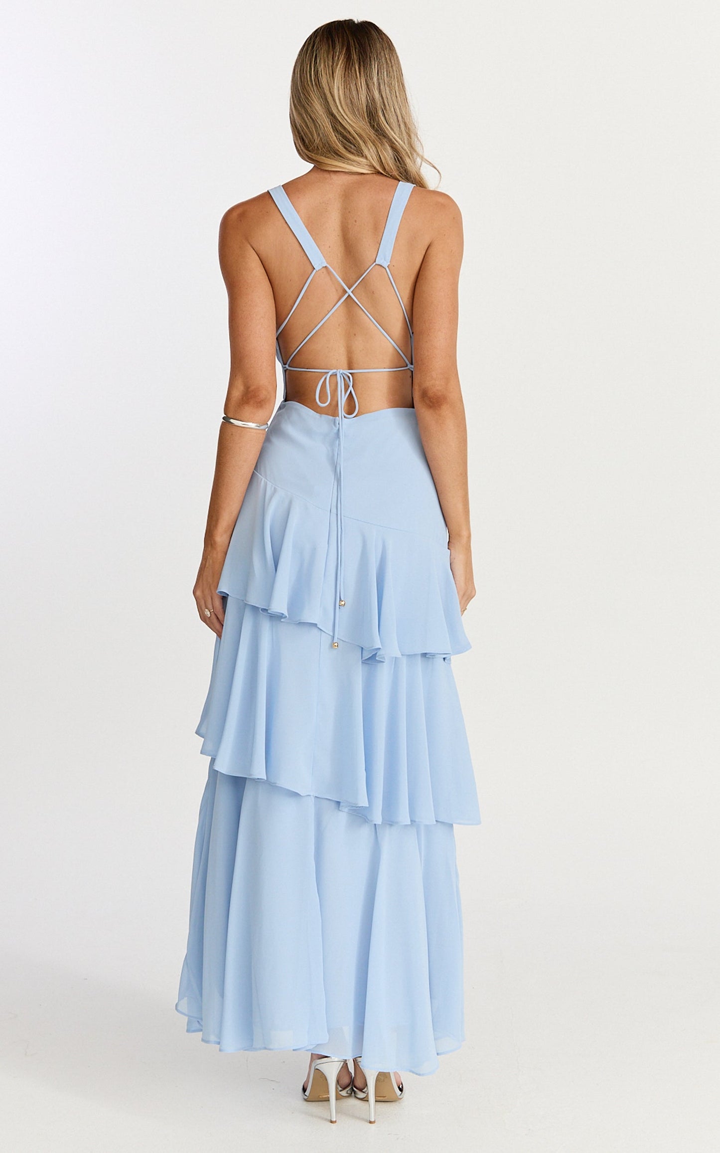 Beryl Midi Dress - Deep V Neck Sleeveless Layered Dress in Blue