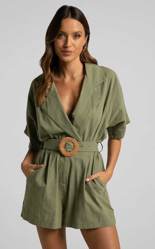 Thaisa Playsuit - Short Sleeve Collared Belted Playsuit in Khaki