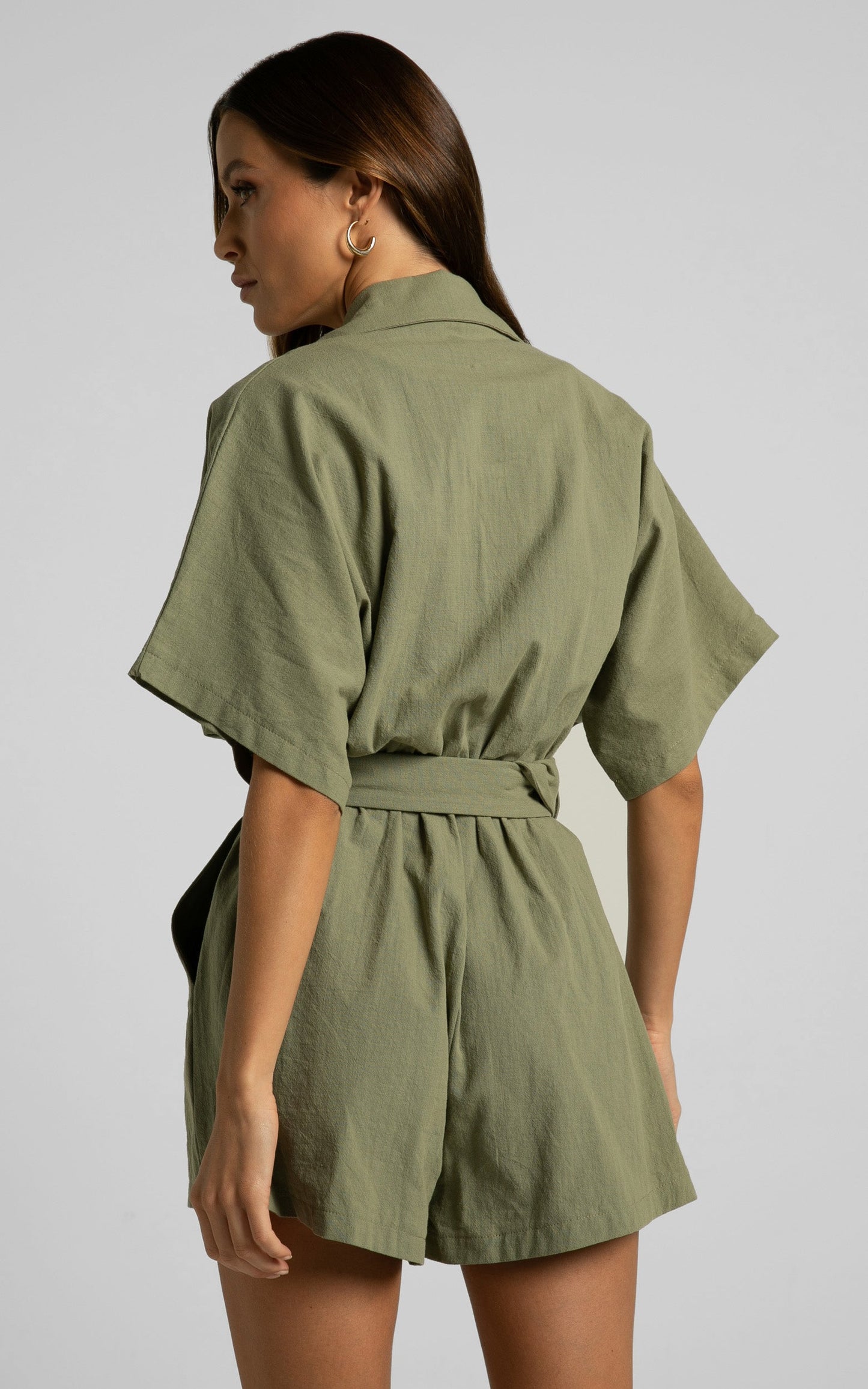 Thaisa Playsuit - Short Sleeve Collared Belted Playsuit in Khaki