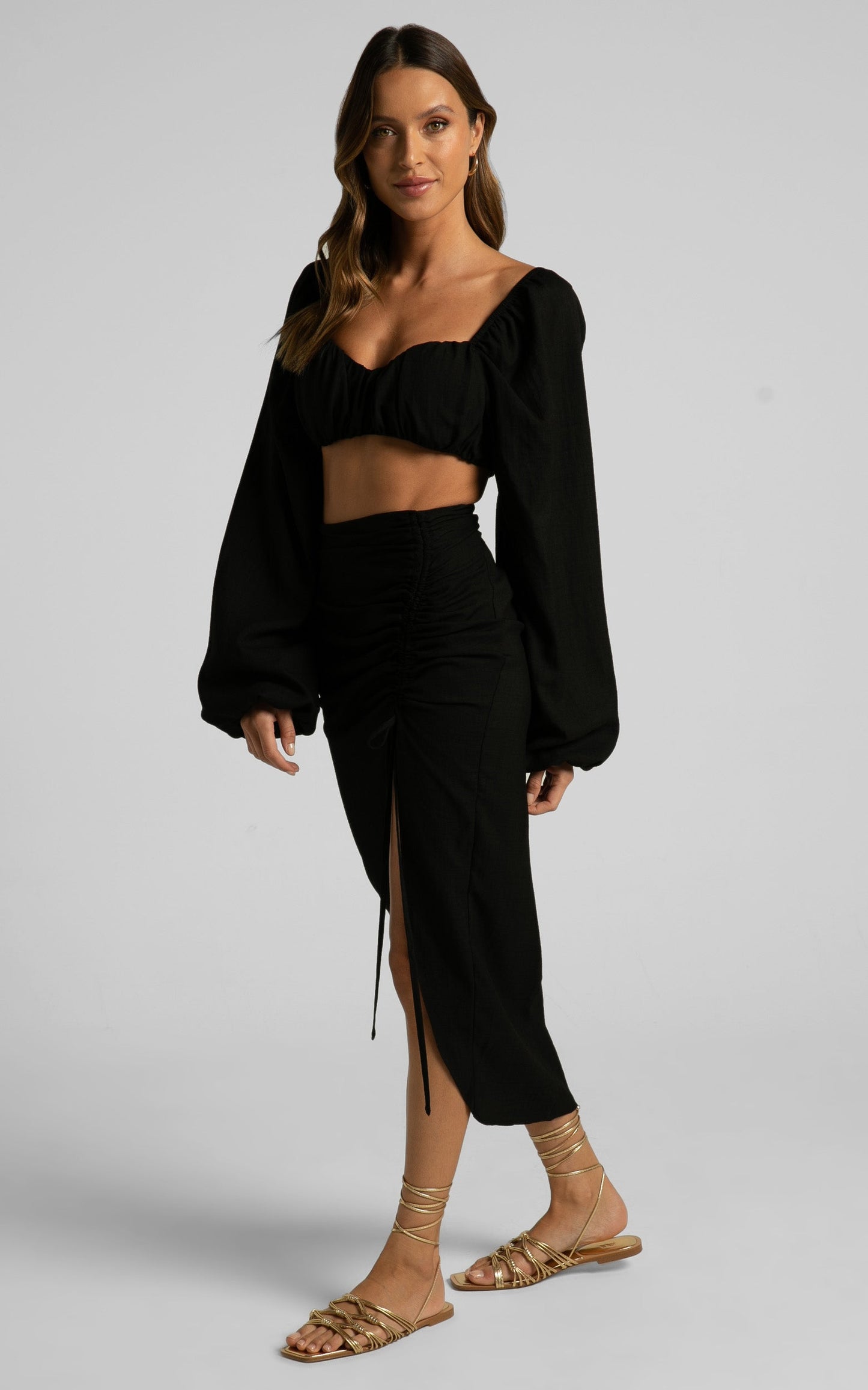 Shamir Two Piece Set - Balloon Sleeve Crop Top and Ruched Split Midi Skirt Set in Black
