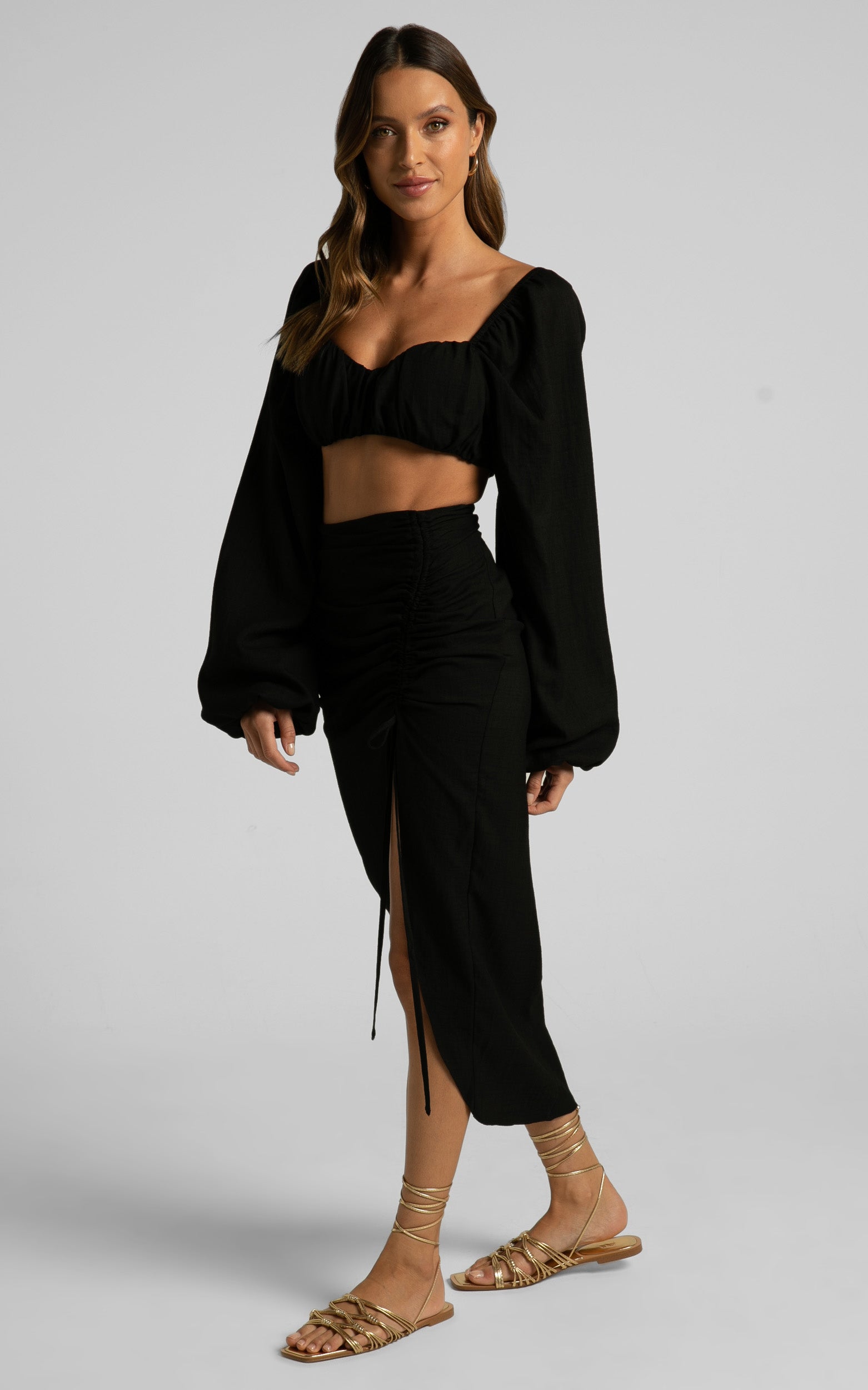 Shamir Two Piece Set - Balloon Sleeve Crop Top and Ruched Split Midi Skirt Set in Black