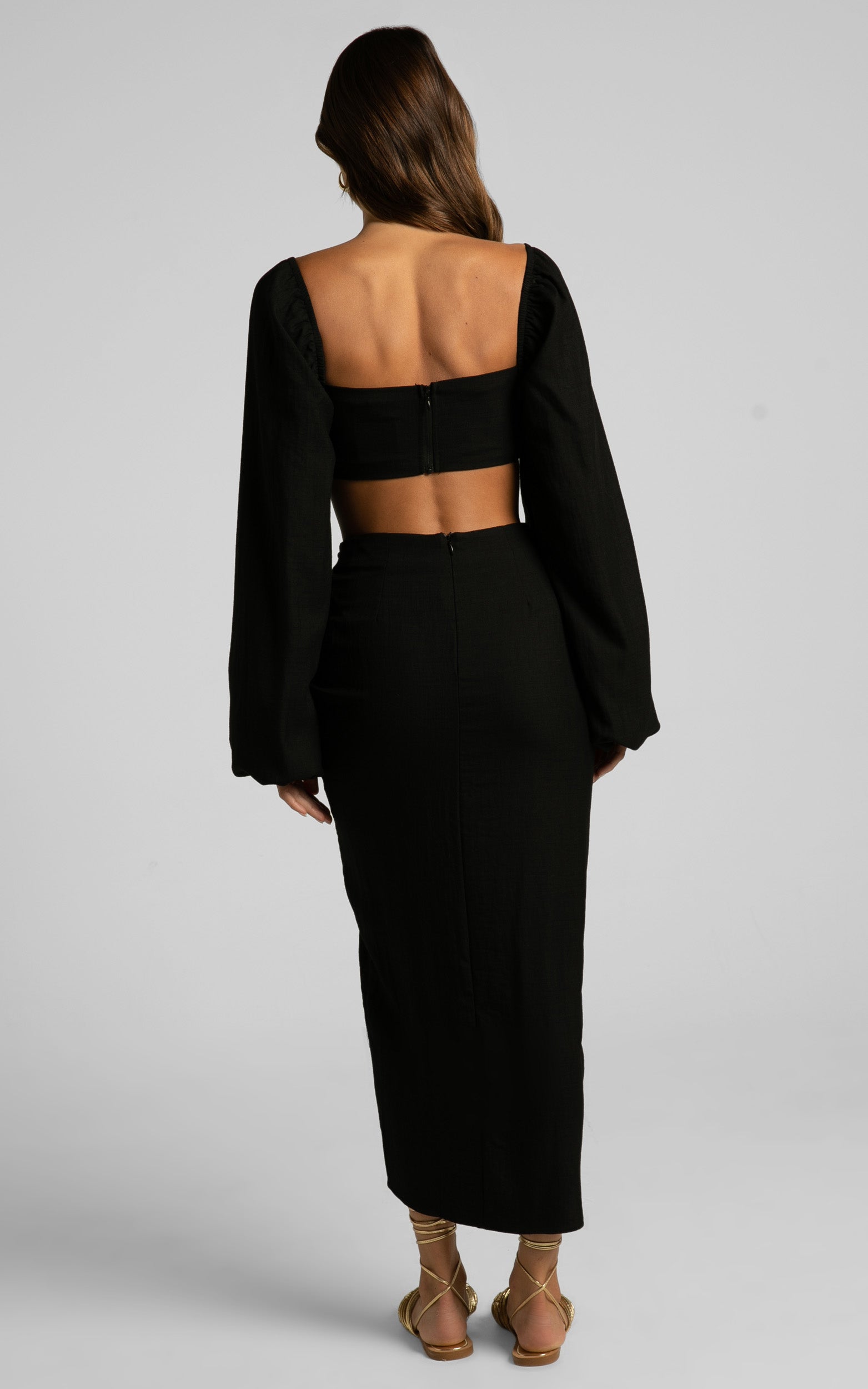 Shamir Two Piece Set - Balloon Sleeve Crop Top and Ruched Split Midi Skirt Set in Black