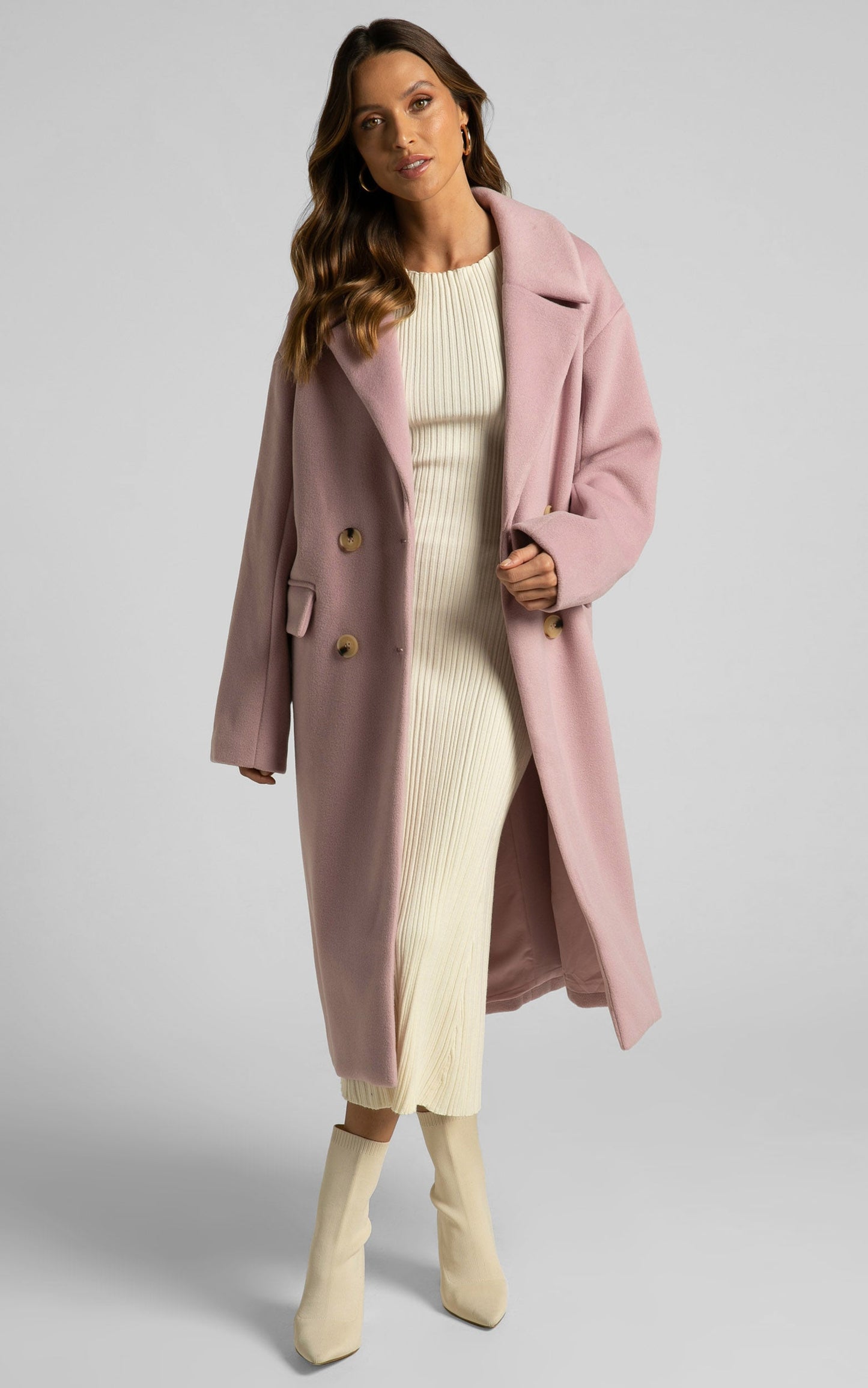 Libee Coat - Double Breasted Longline Coat in Dusty Pink