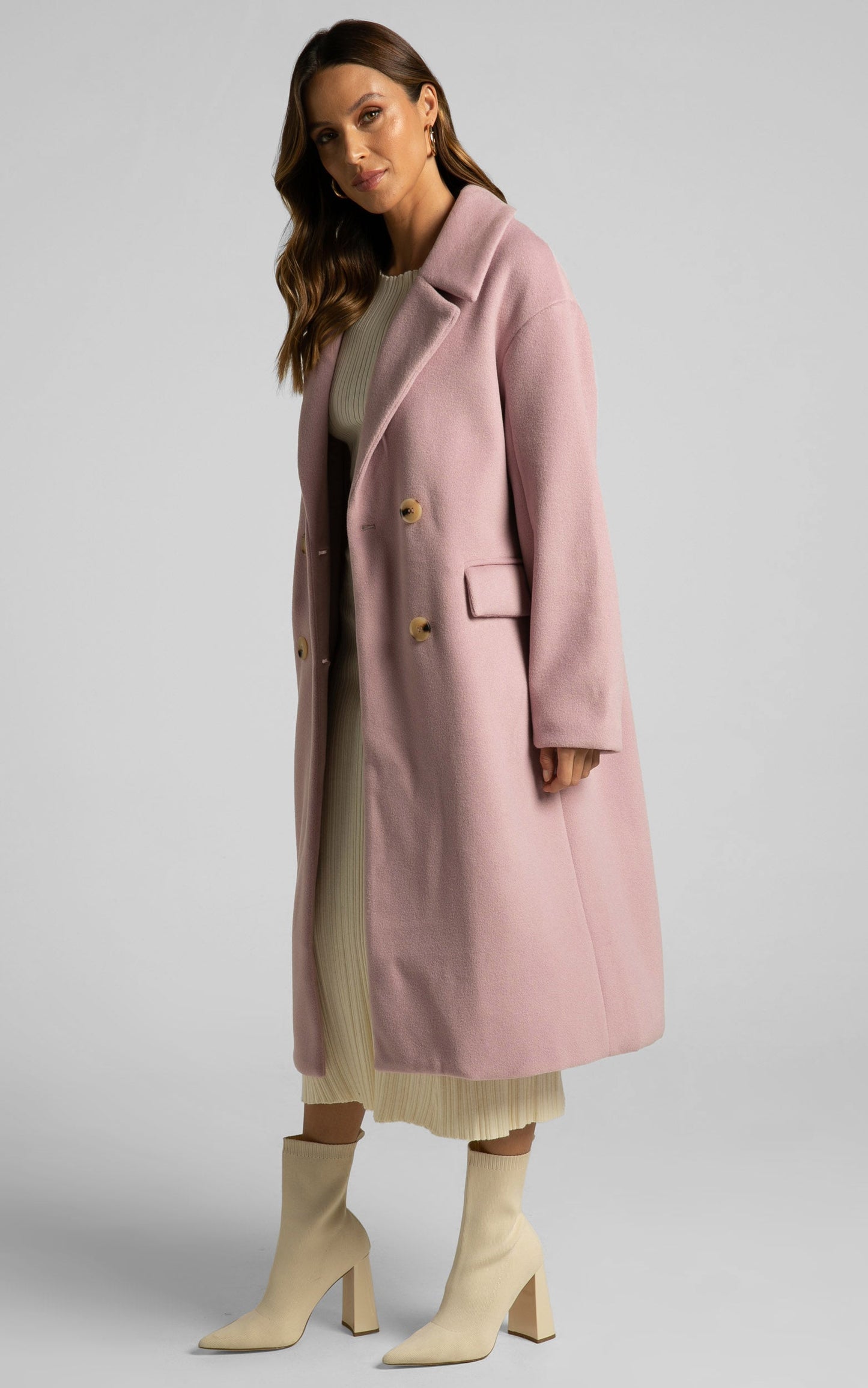 Libee Coat - Double Breasted Longline Coat in Dusty Pink