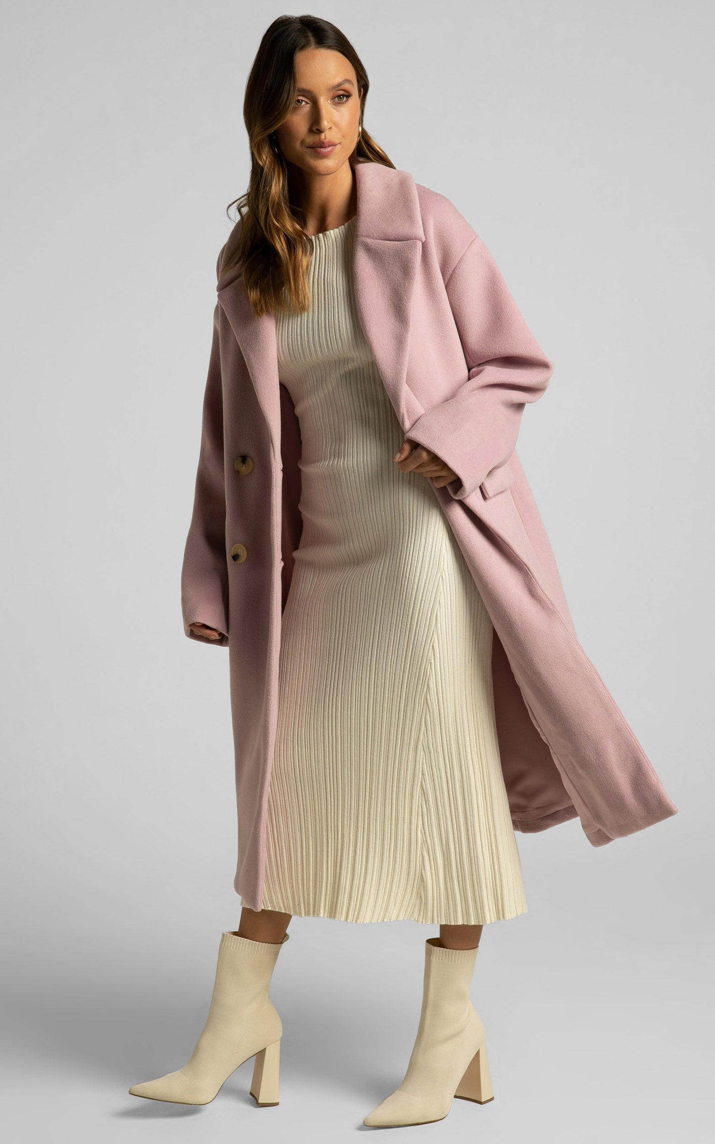 Libee Coat - Double Breasted Longline Coat in Dusty Pink