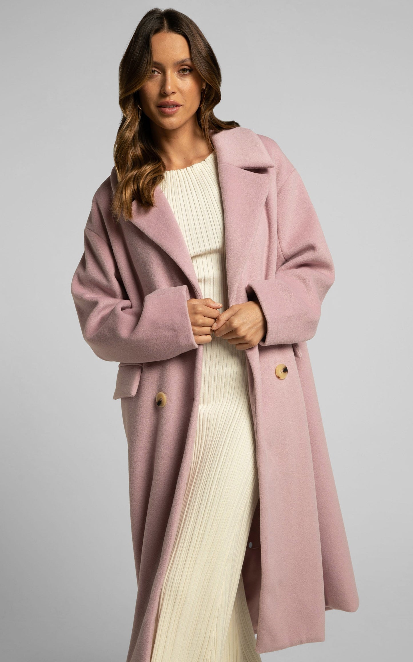 Libee Coat - Double Breasted Longline Coat in Dusty Pink