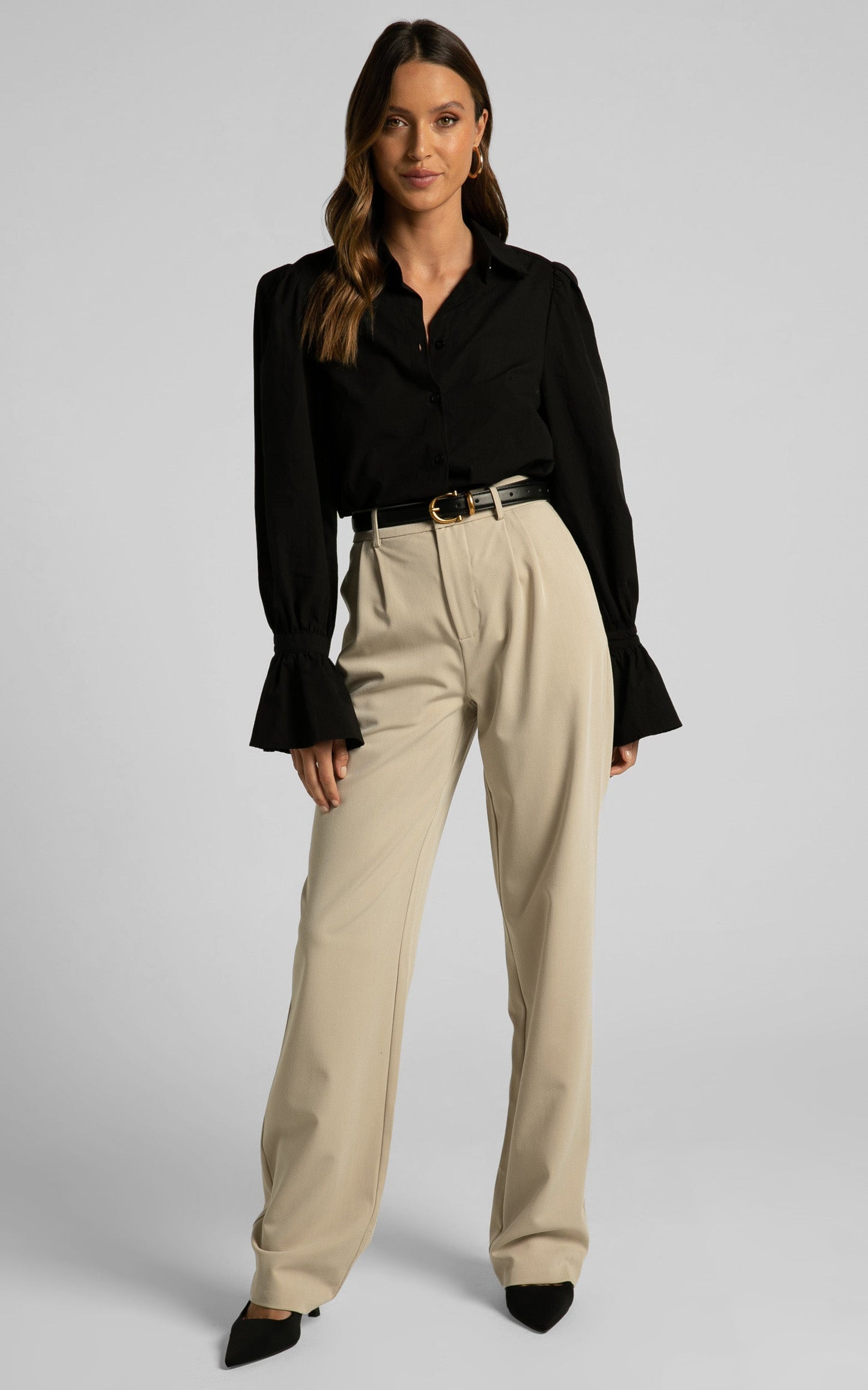Riggie Shirt - Button Up Flared Sleeve Cotton Shirt in Black