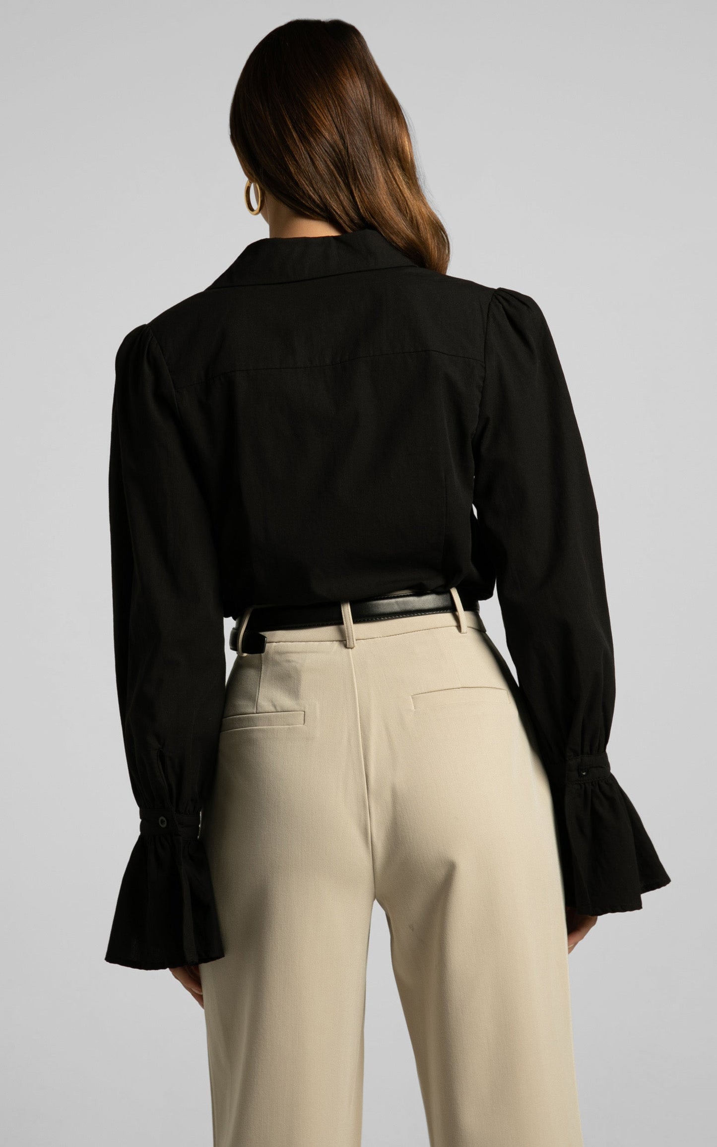 Riggie Shirt - Button Up Flared Sleeve Cotton Shirt in Black
