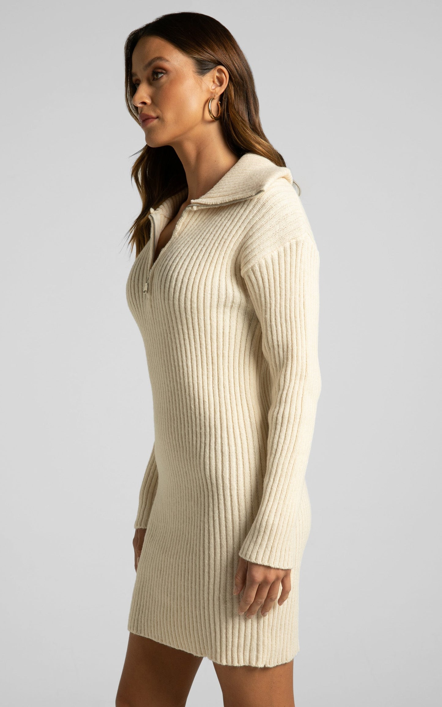 Rhenanita Mini Dress - Quarter Zip Knit Dress in Cream