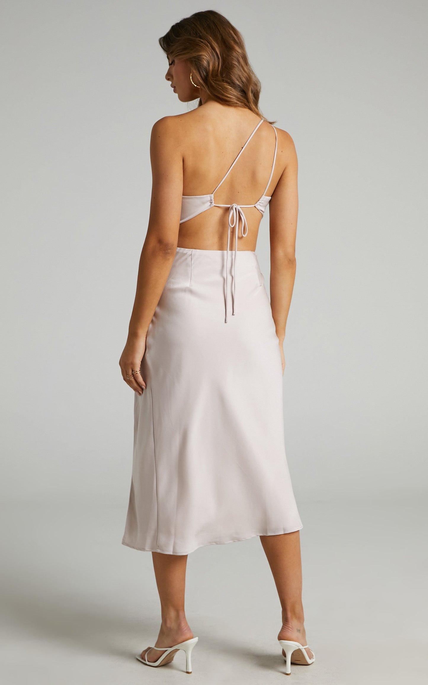 Kaniva Midi Dress - One Shoulder Open Back Dress in Champagne