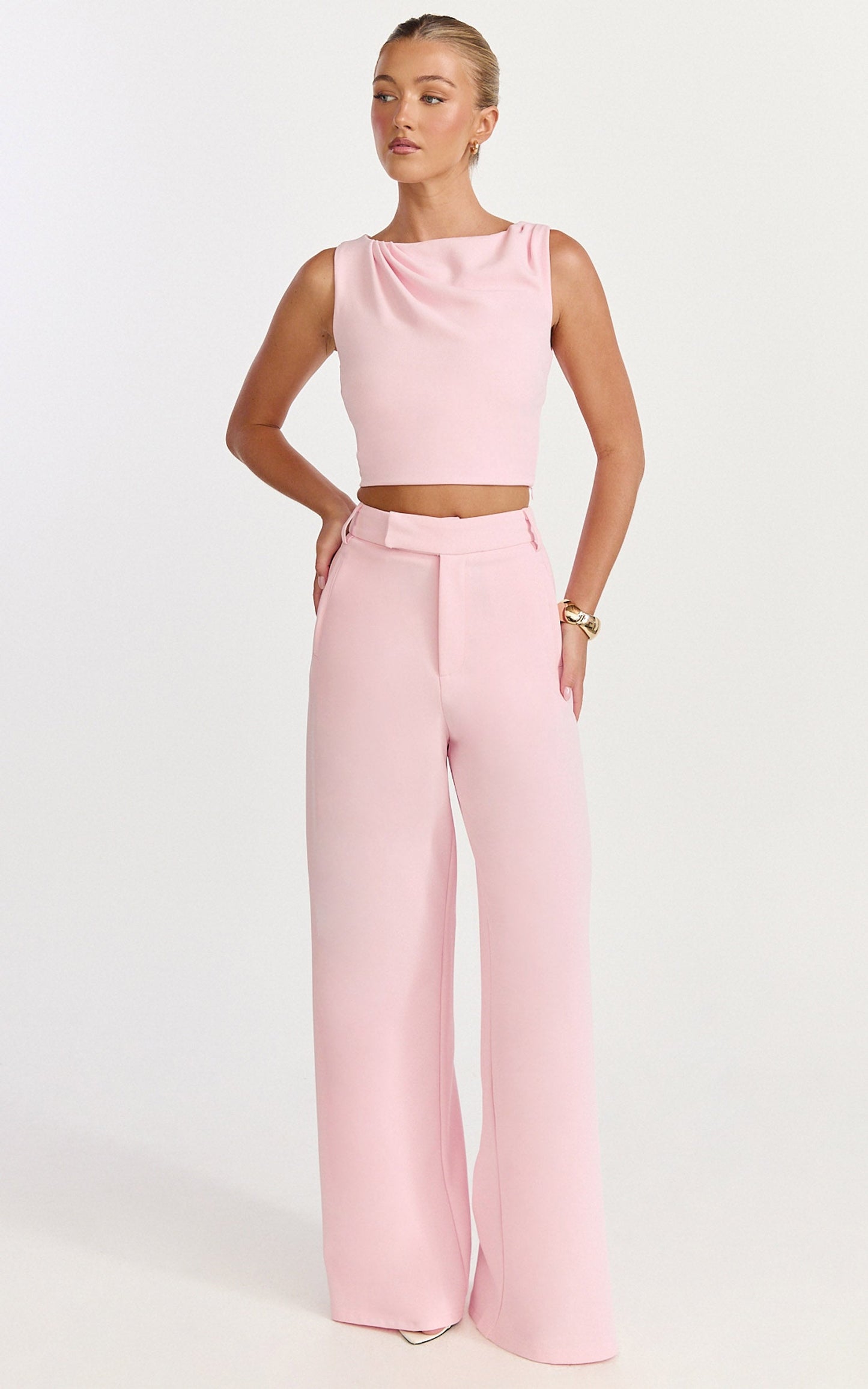 Helen Two Piece Set - Crepe Twisted Top And Wide Leg Pants in Pink