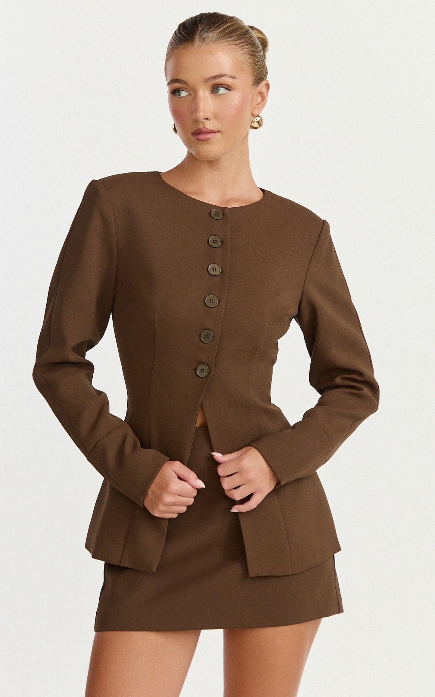 Mikey Jacket - Tailored Long Sleeve Collarless Jacket in Chocolate