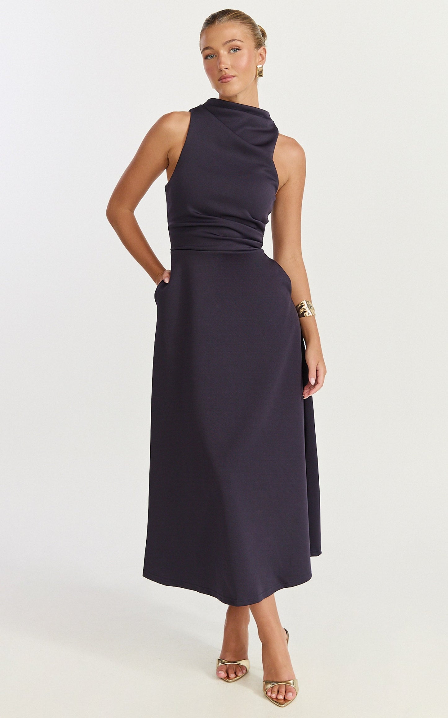 Macy Midi Dress - High Neck A Line Dress in Navy