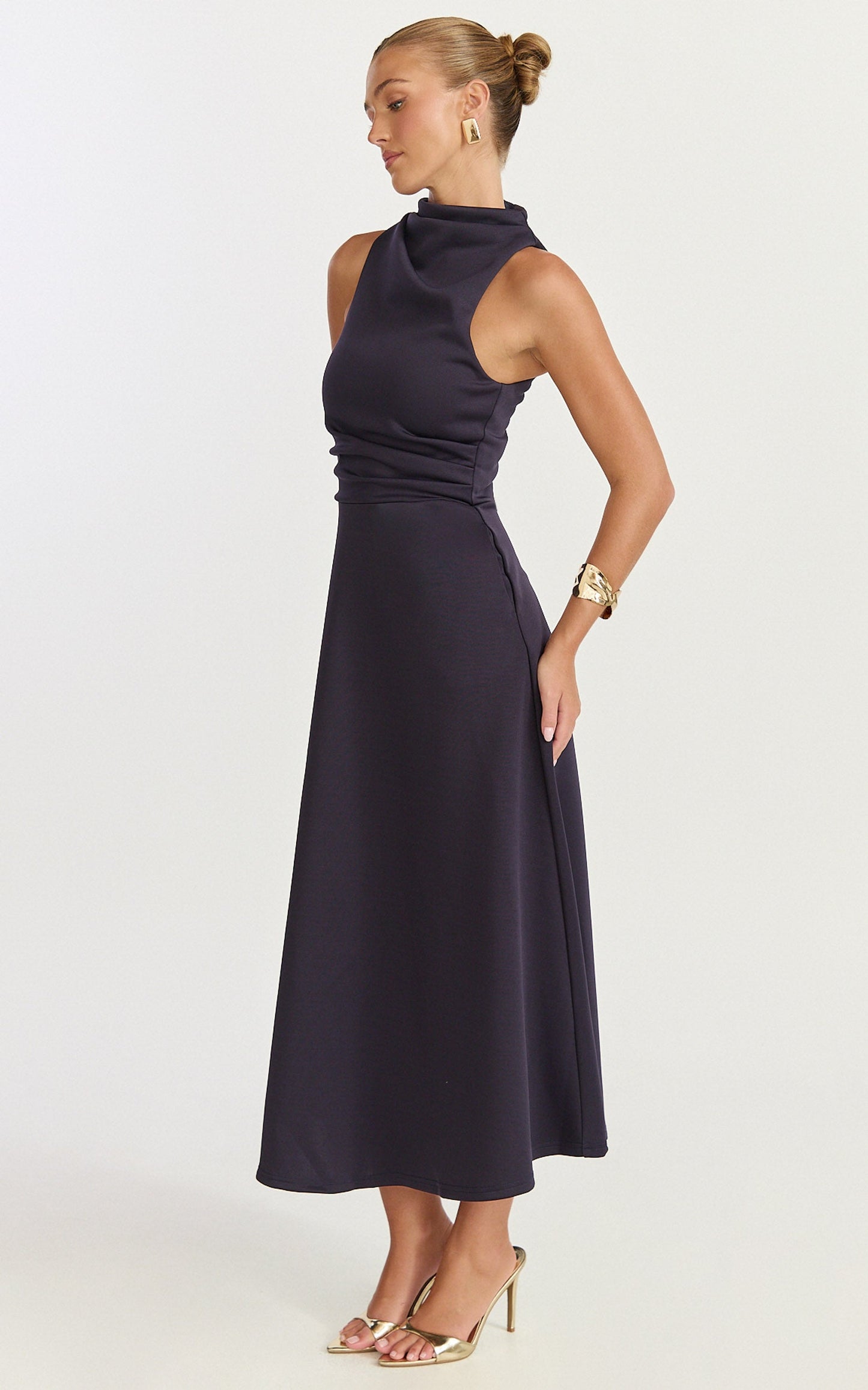 Macy Midi Dress - High Neck A Line Dress in Navy