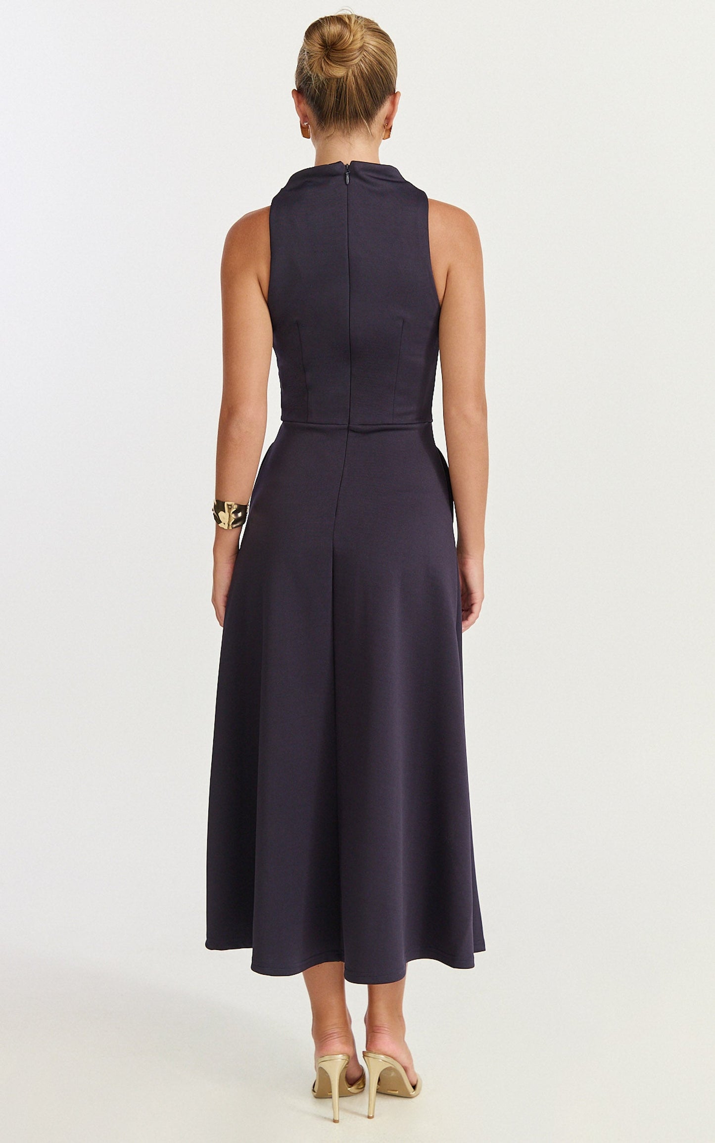 Macy Midi Dress - High Neck A Line Dress in Navy